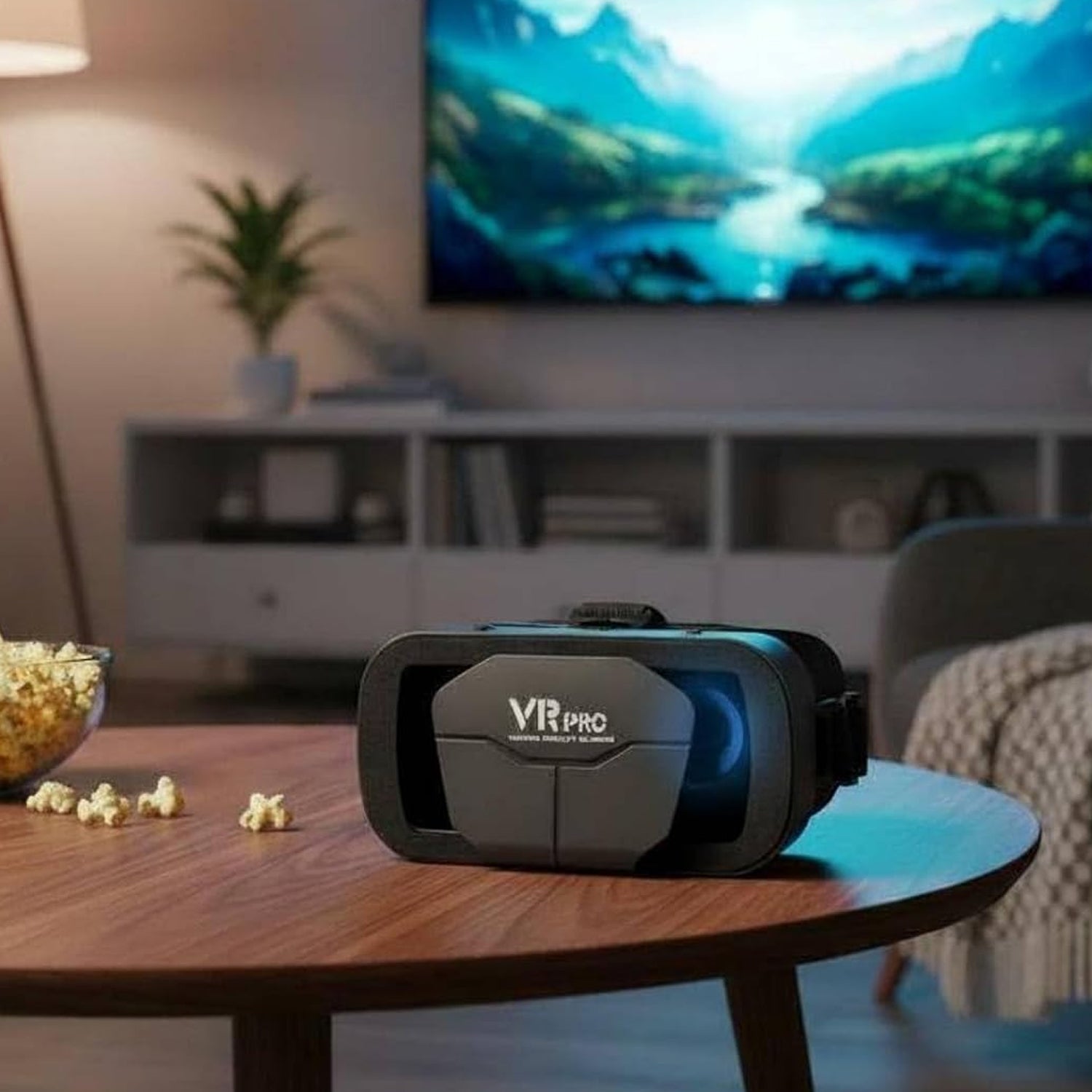 Black VR Pro VR headset with adjustable lenses, sitting on a coffee table