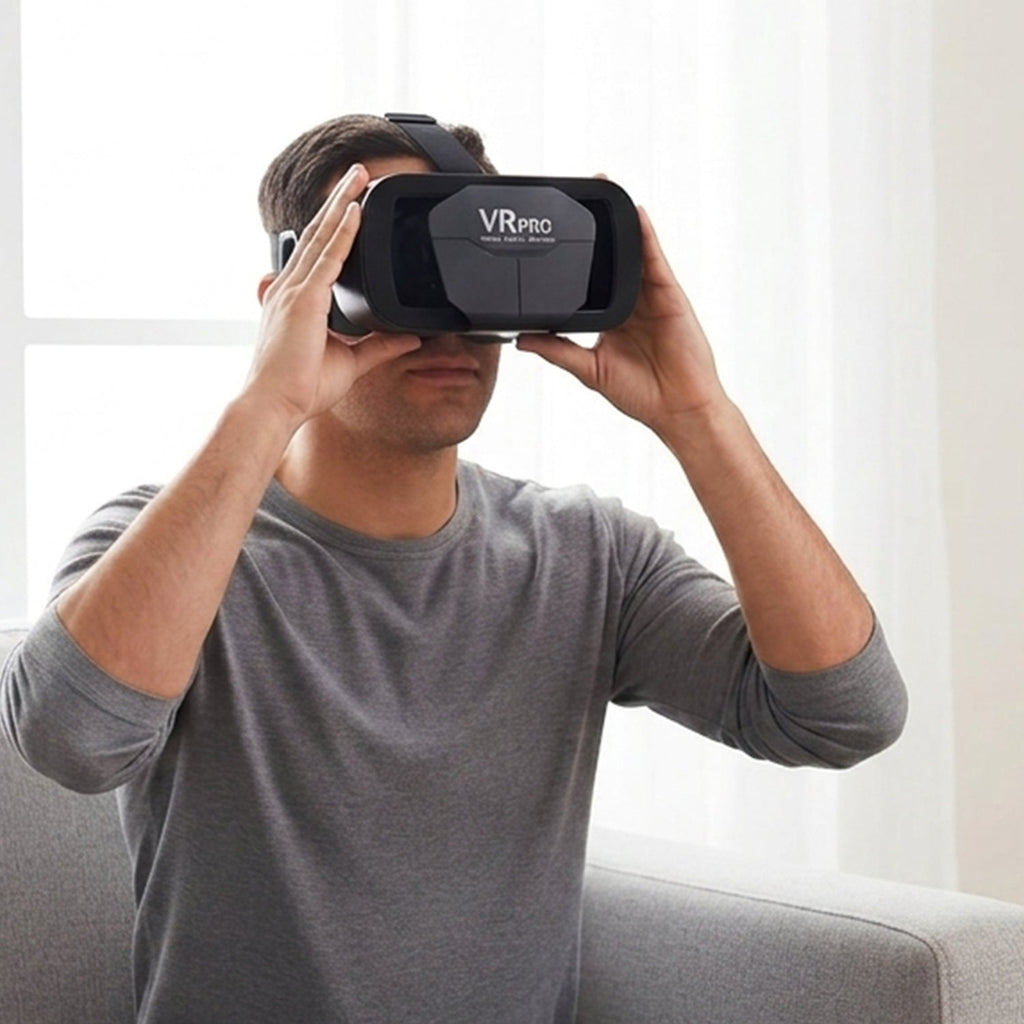 Black VR Pro VR headset with adjustable lenses, worn on a person’s face