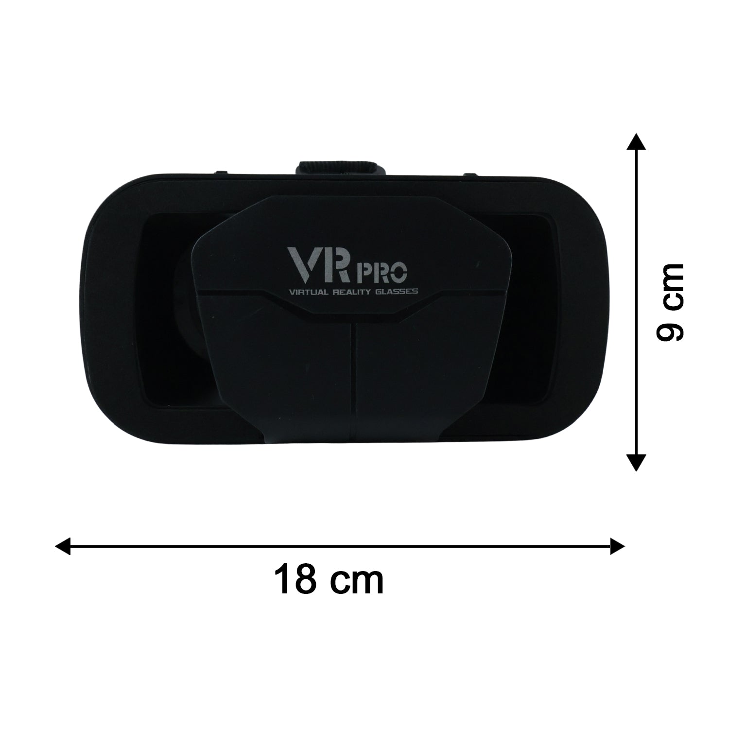 Black VR Pro VR headset front view with size markings 18 cm x 9 cm