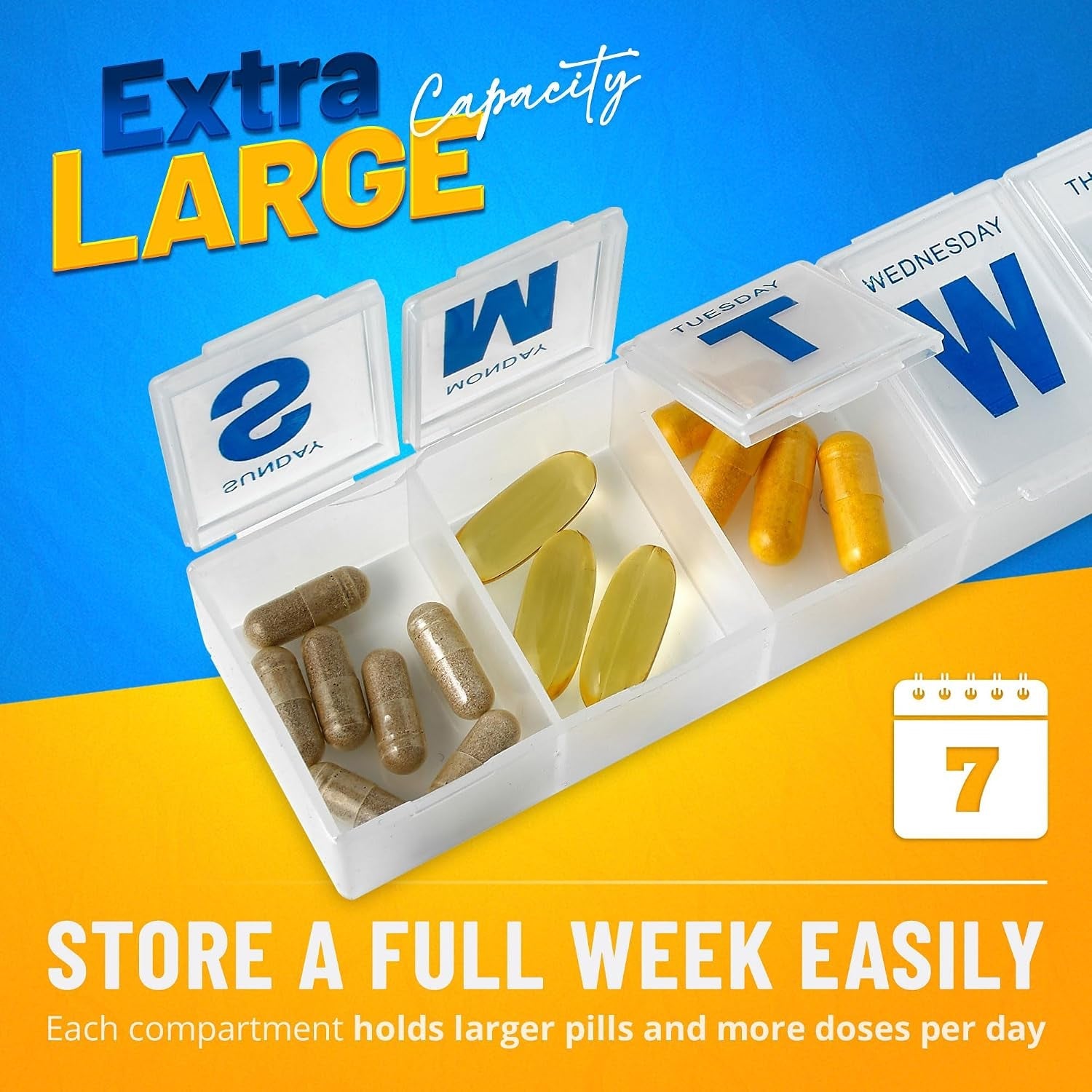 Weekly pill organizer with seven labeled day compartments, open with capsules inside