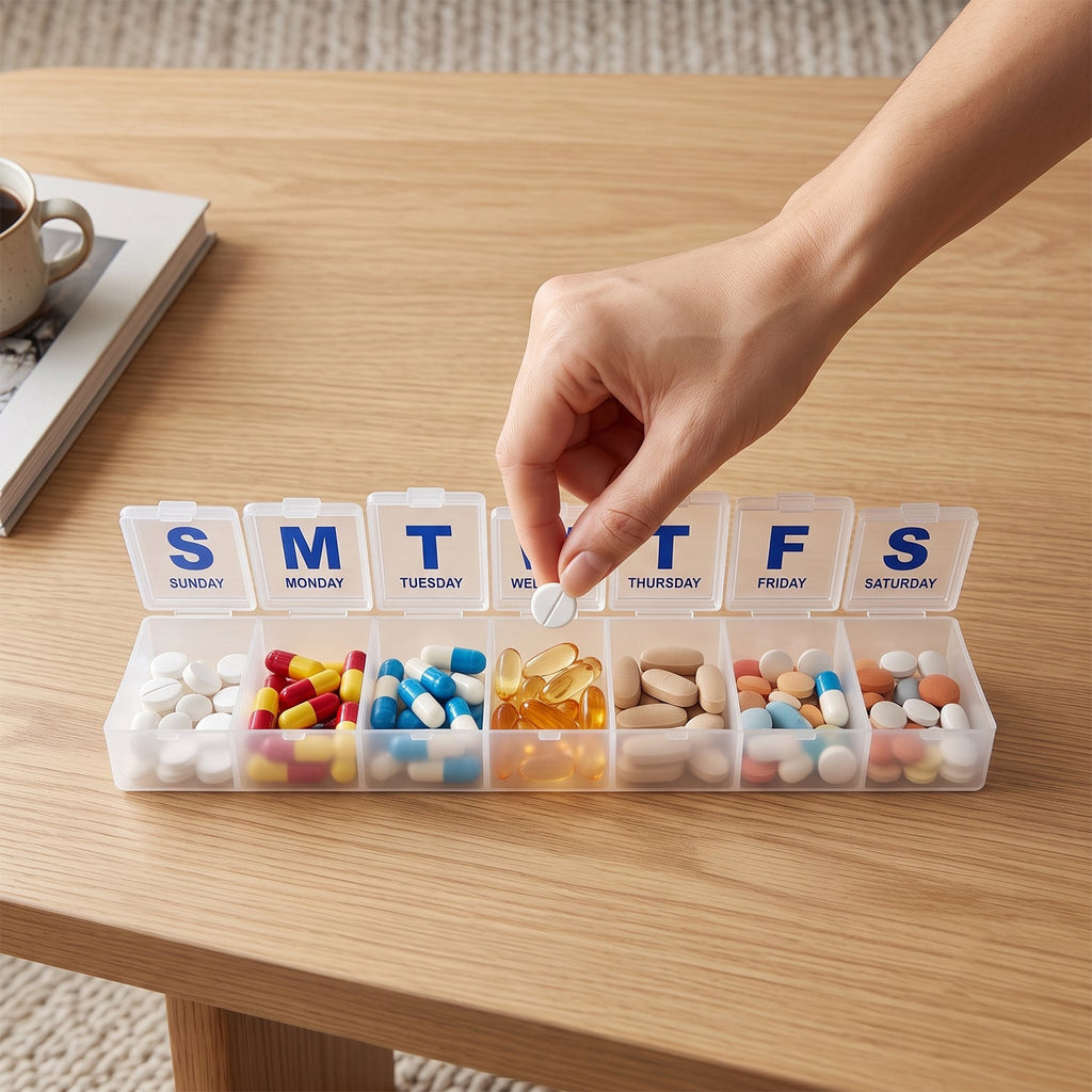 7-day pill organizer with day lids, hand placing pills on open compartments