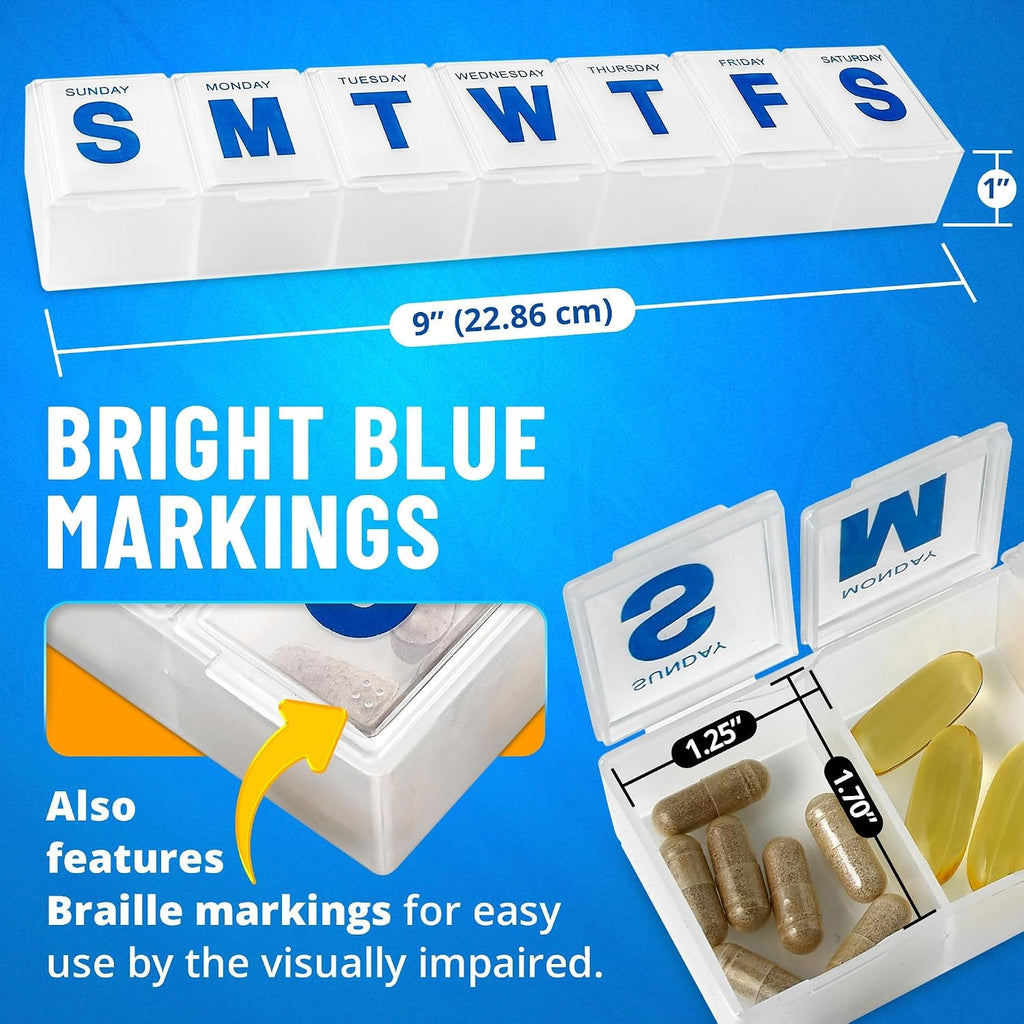 White 7-day pill organizer with blue day labels across the lid