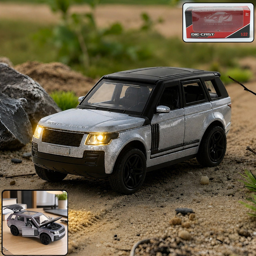 Die-cast pull-back SUV toy with lit headlights, gray body and black roof, front 3/4 view