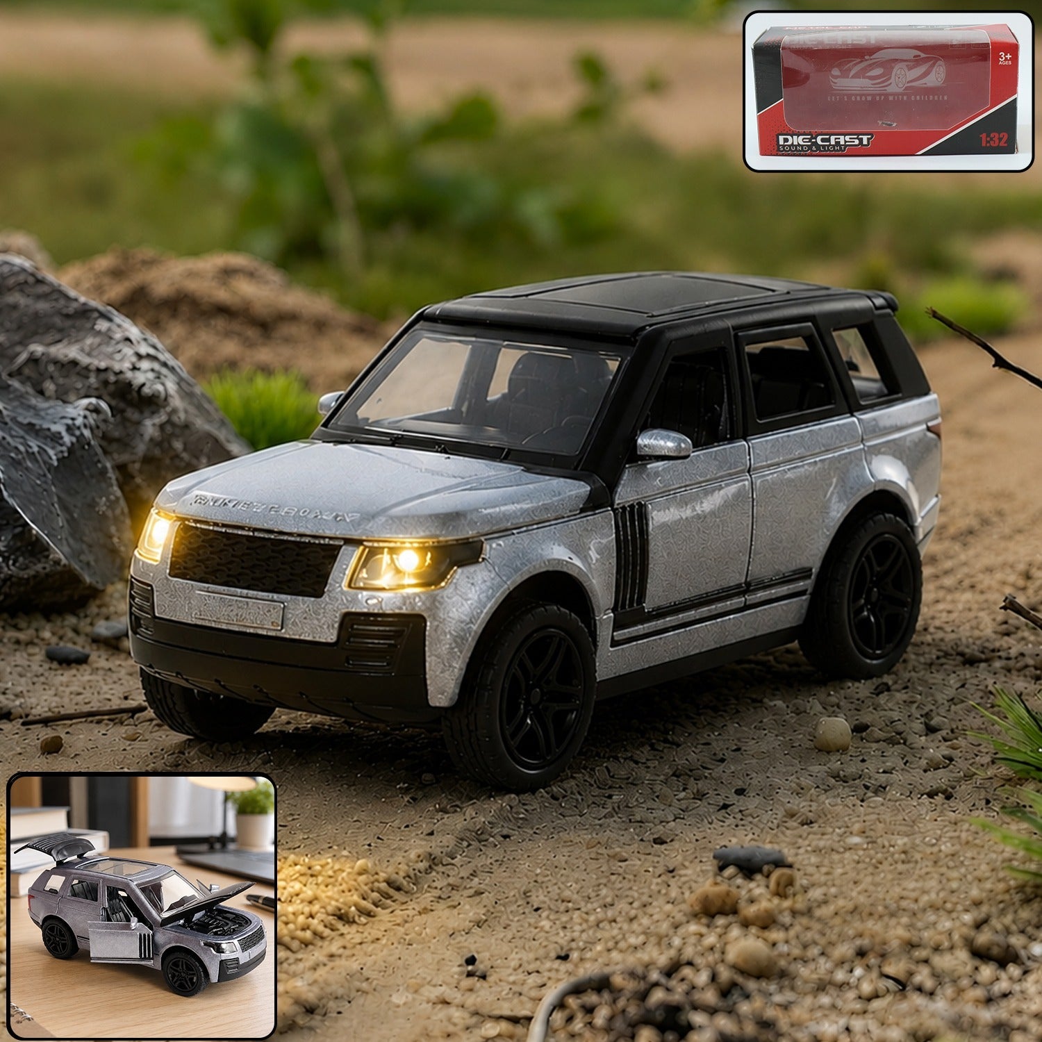 Die-cast pull-back SUV toy with lit headlights, gray body and black roof, front 3/4 view