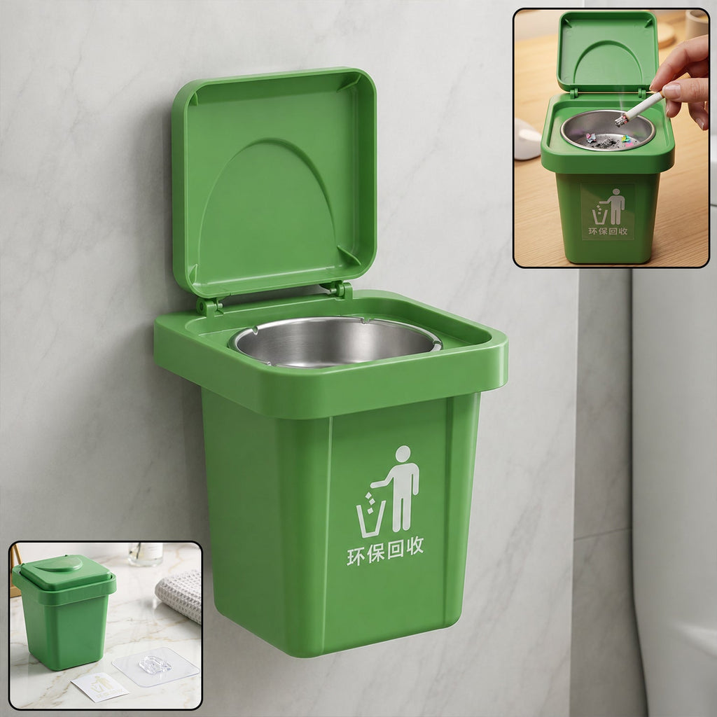 Green mini dustbin-shaped tabletop ashtray with flip lid open, showing metal ash cup