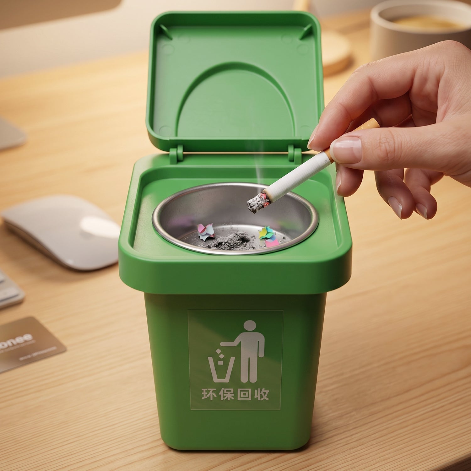 Green mini dustbin ashtray with flip lid open, hand using cigarette, metal ash cup inside