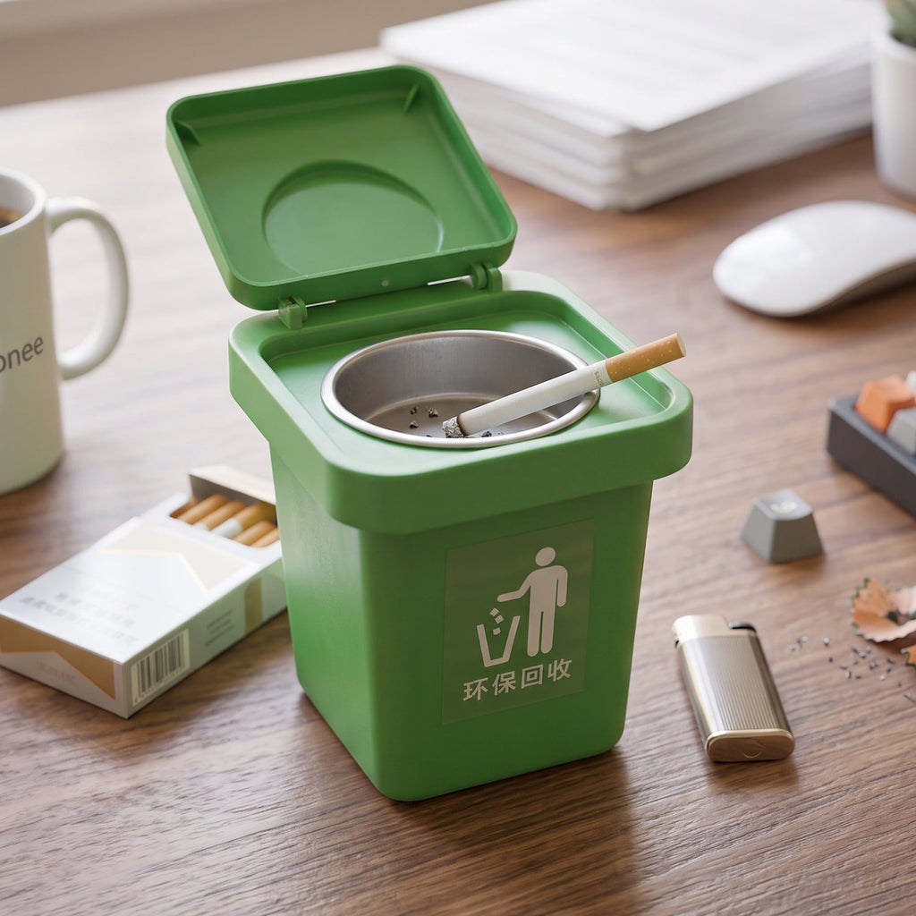 Green mini dustbin-shaped ashtray on desk with flip lid open and metal ash cup