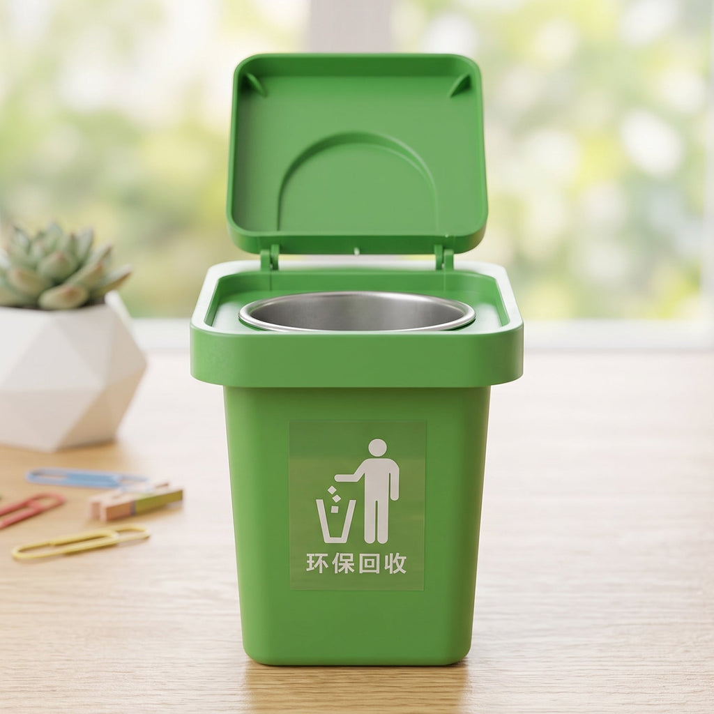 Green mini dustbin-shaped ashtray with flip lid open, showing metal ash cup