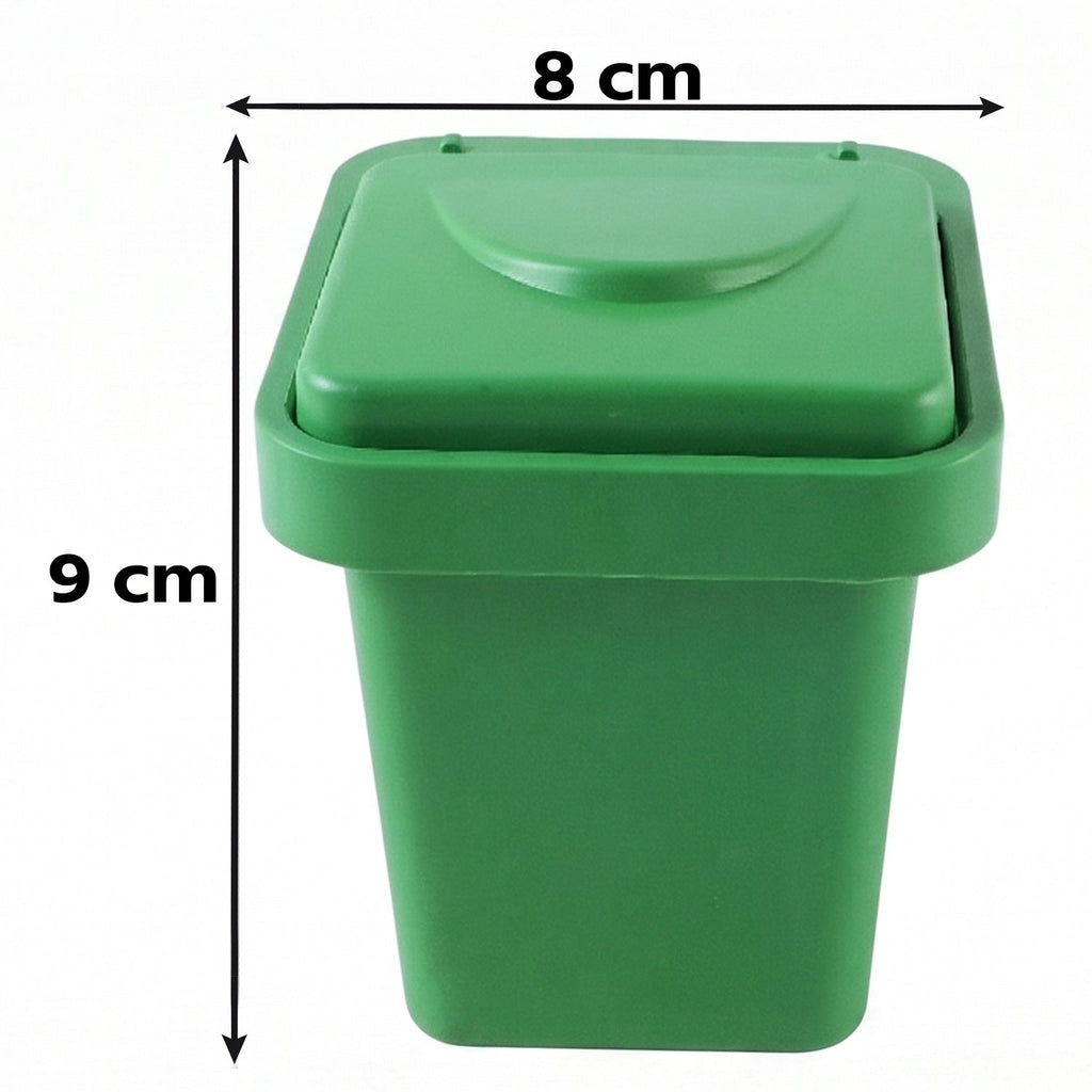 Green mini dustbin-shaped ashtray size 8 cm wide and 9 cm tall, with flip lid