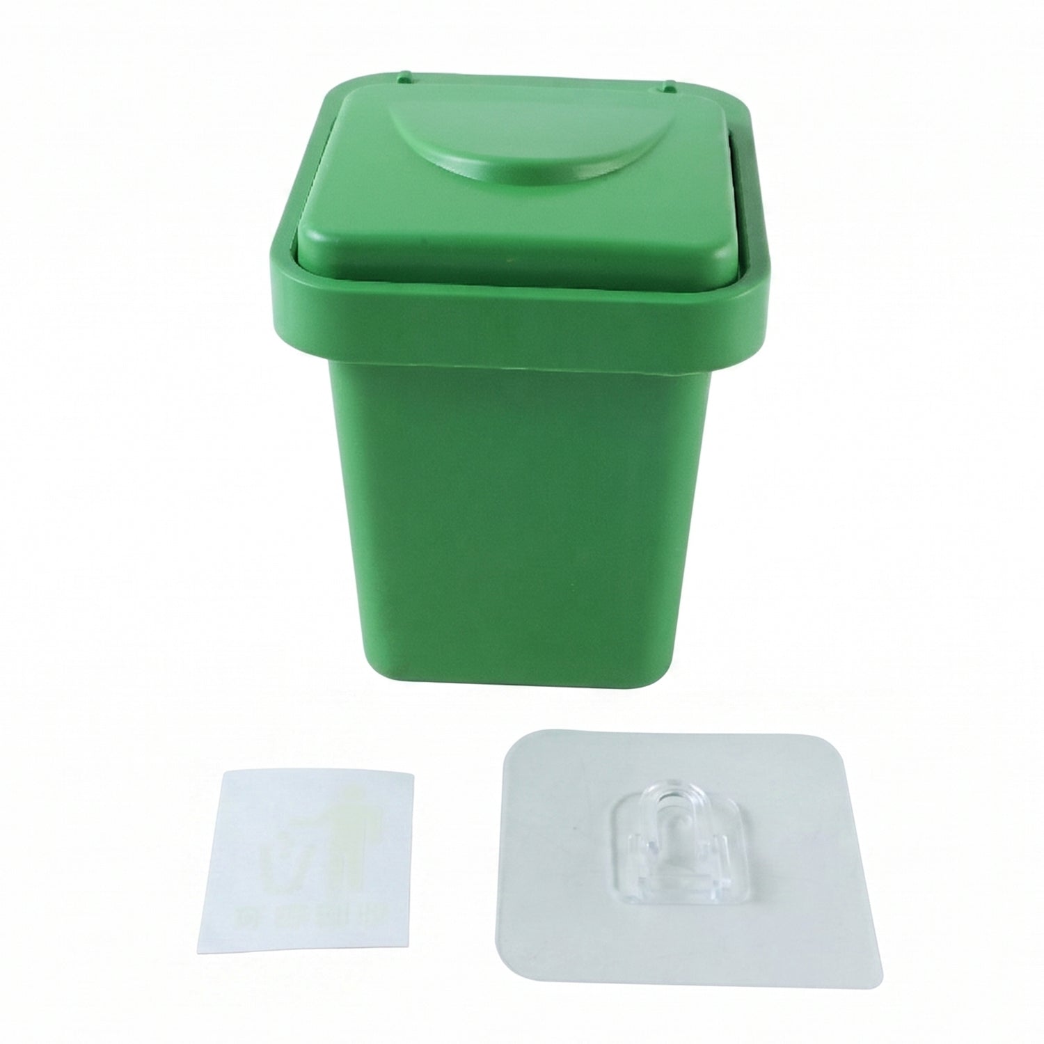 Green mini dustbin-shaped ashtray with closed flip lid and clear inner cover