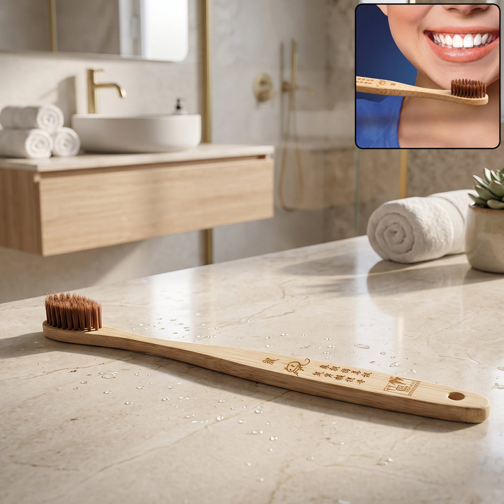 Bamboo toothbrush with soft brown bristles and engraved wooden handle, 1 piece