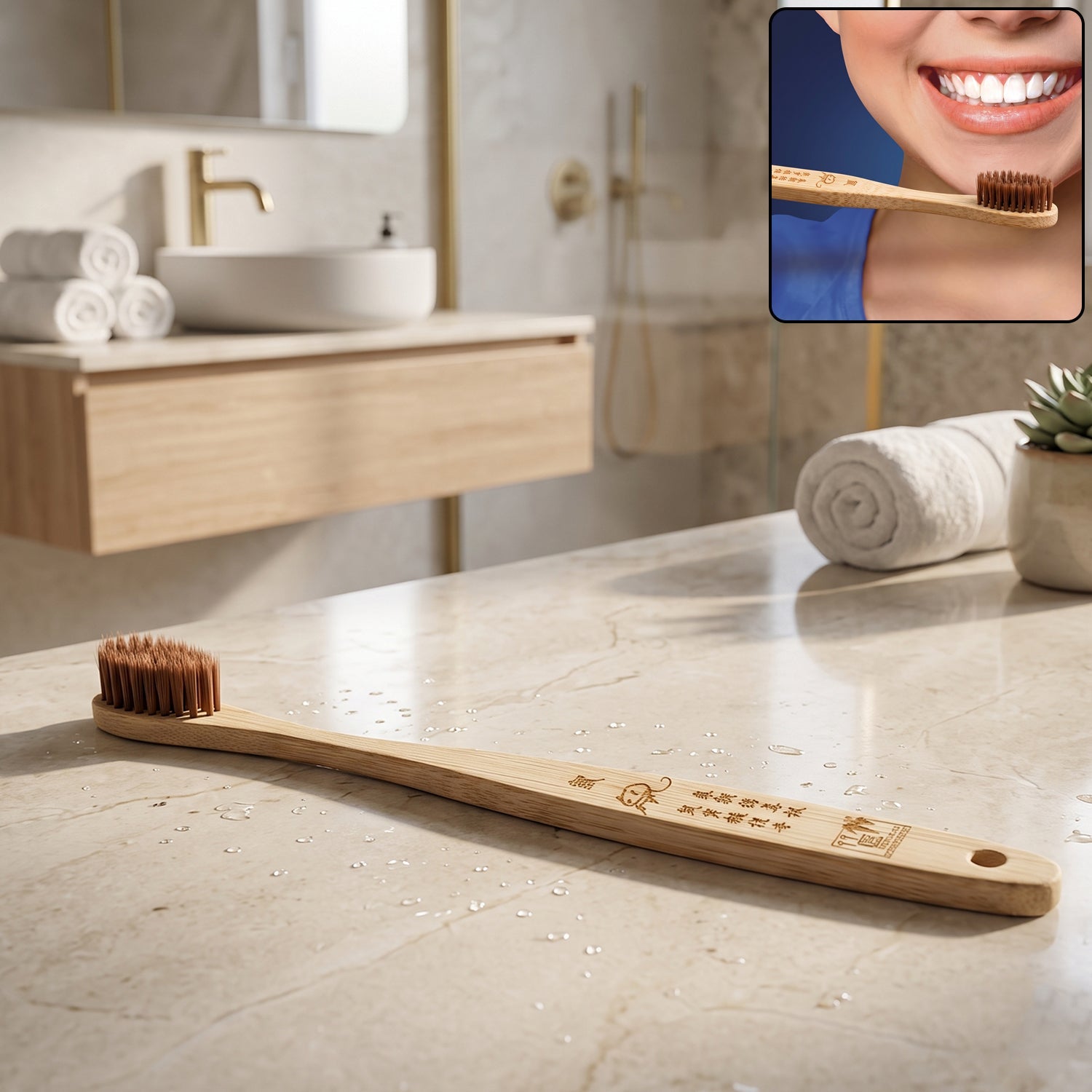 Bamboo toothbrush with soft brown bristles and engraved wooden handle, 1 piece