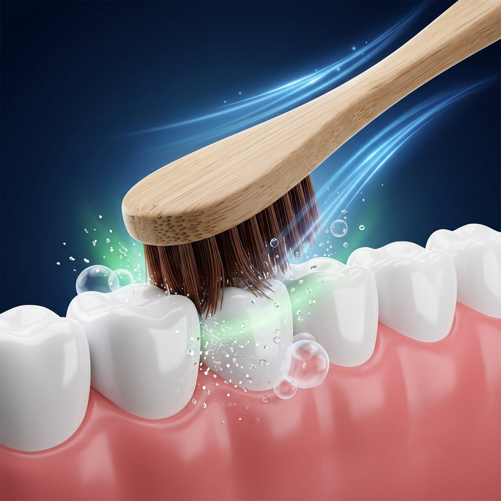 Bamboo toothbrush head with soft brown bristles shown with cleaning foam