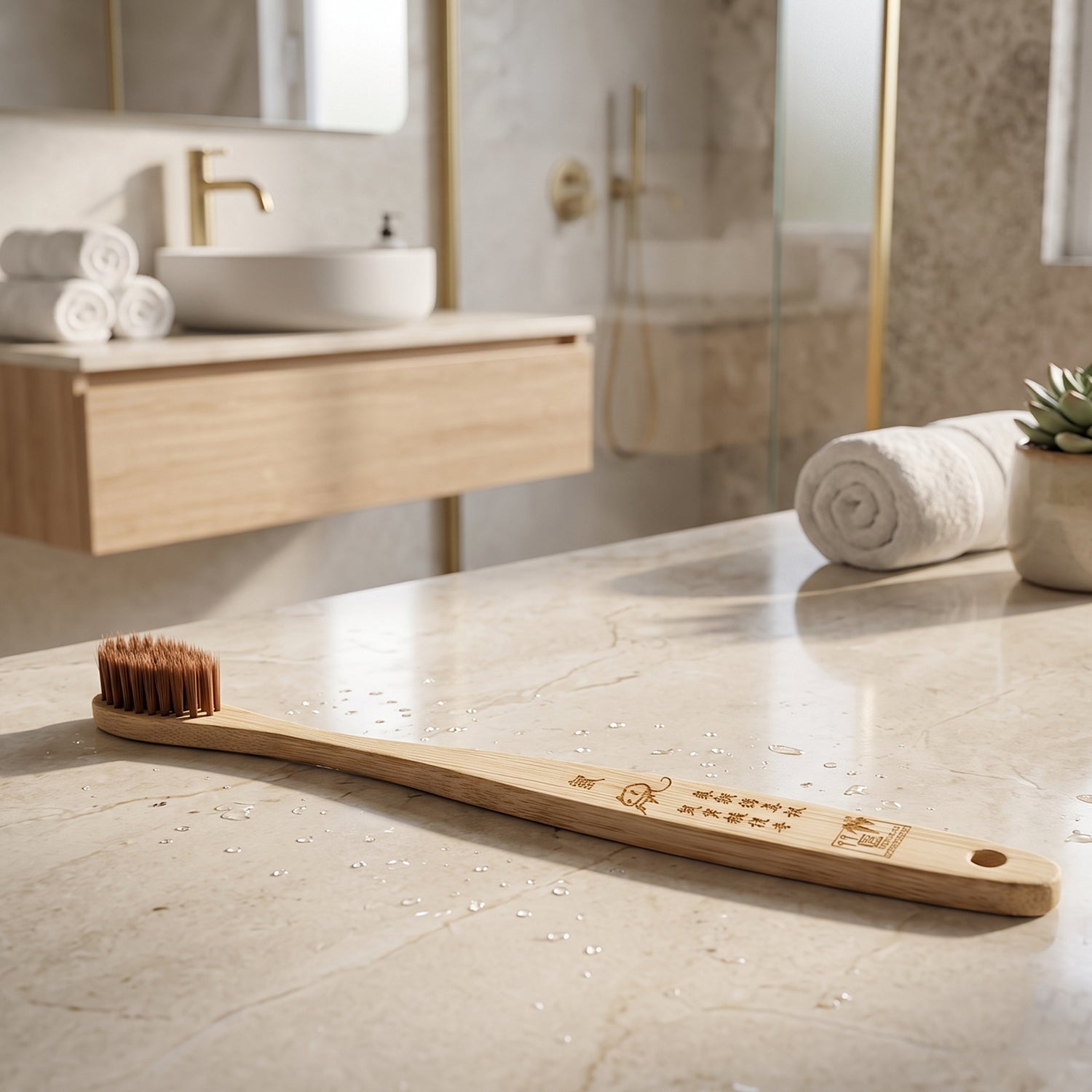 Bamboo toothbrush with soft brown bristles and engraved wooden handle, horizontal view