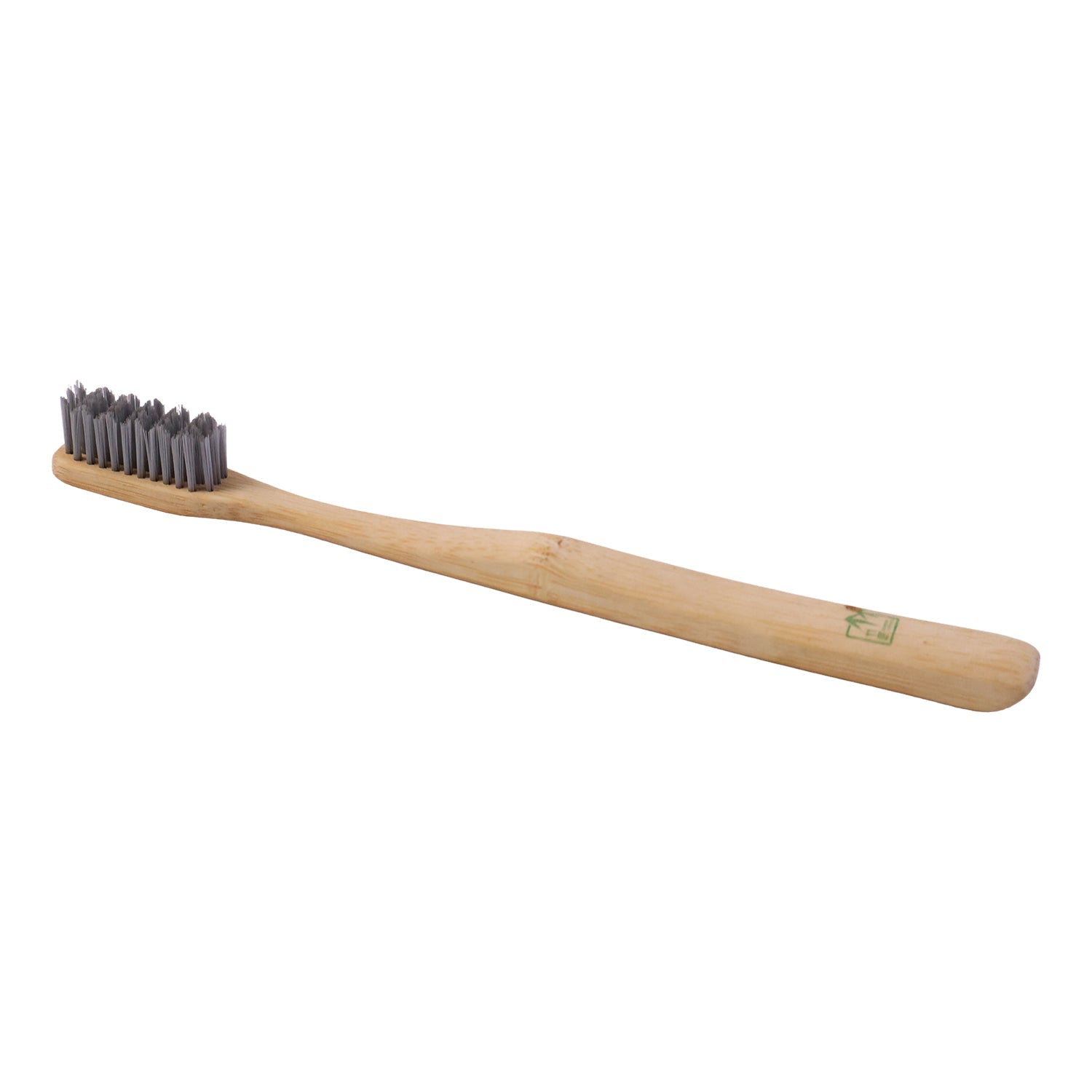 Bamboo toothbrush with soft gray bristles on wooden handle, side view
