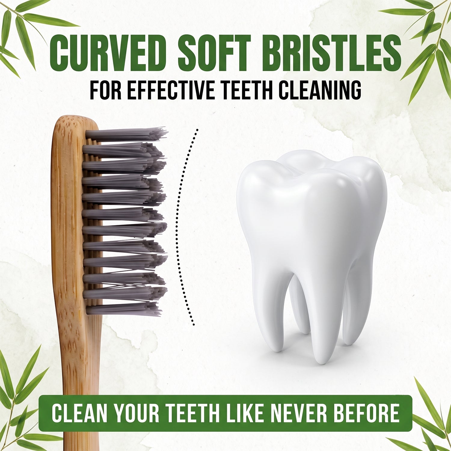 Bamboo toothbrush with dense soft bristles on wooden handle, close-up angle