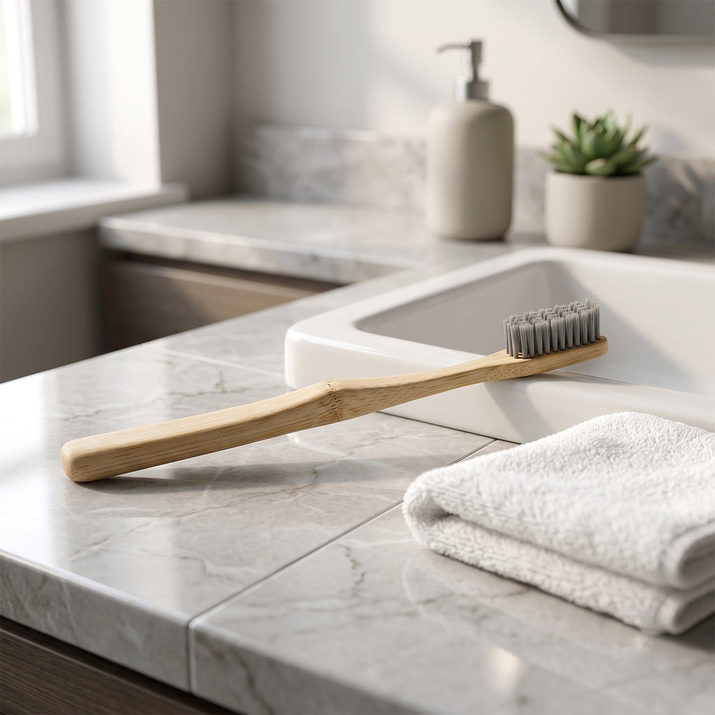 Bamboo toothbrush with soft gray bristles and wooden handle, resting on counter