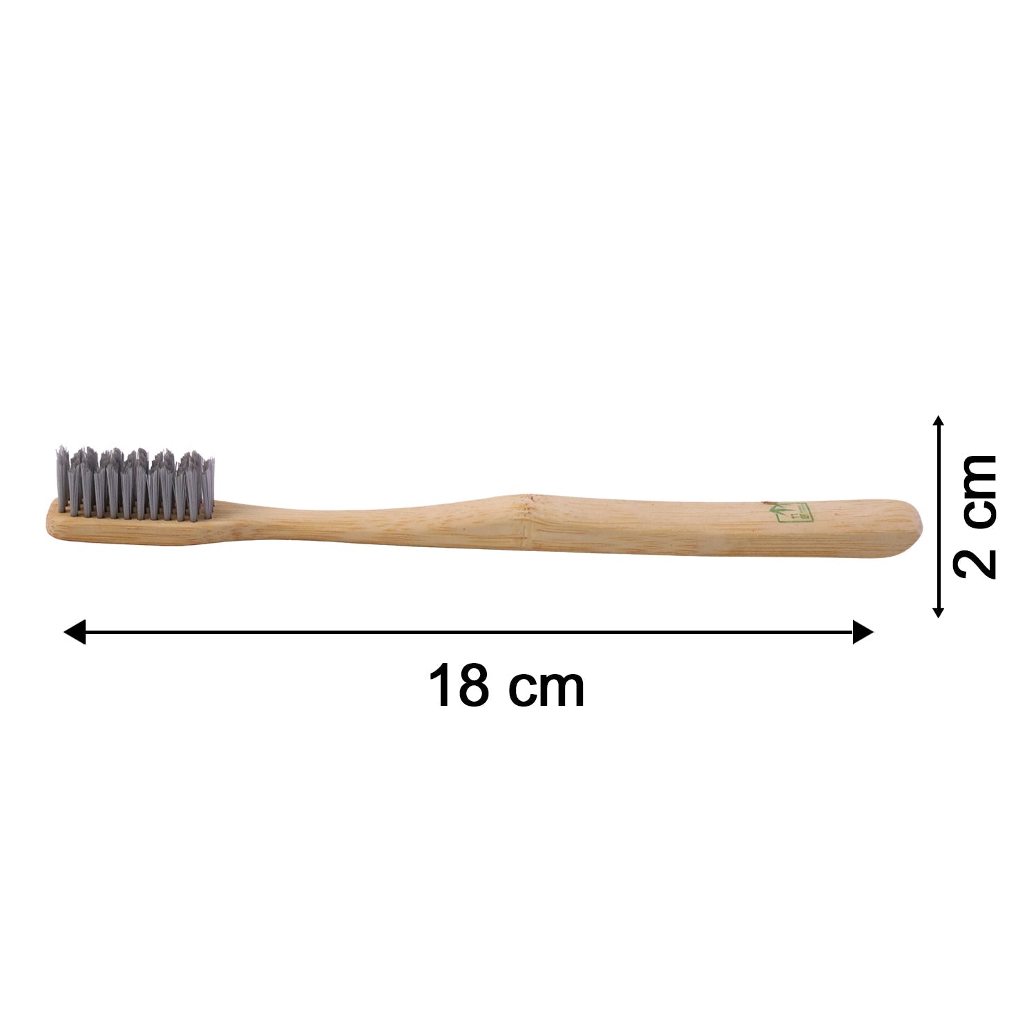 Bamboo toothbrush with soft gray bristles and wooden handle, full length side view