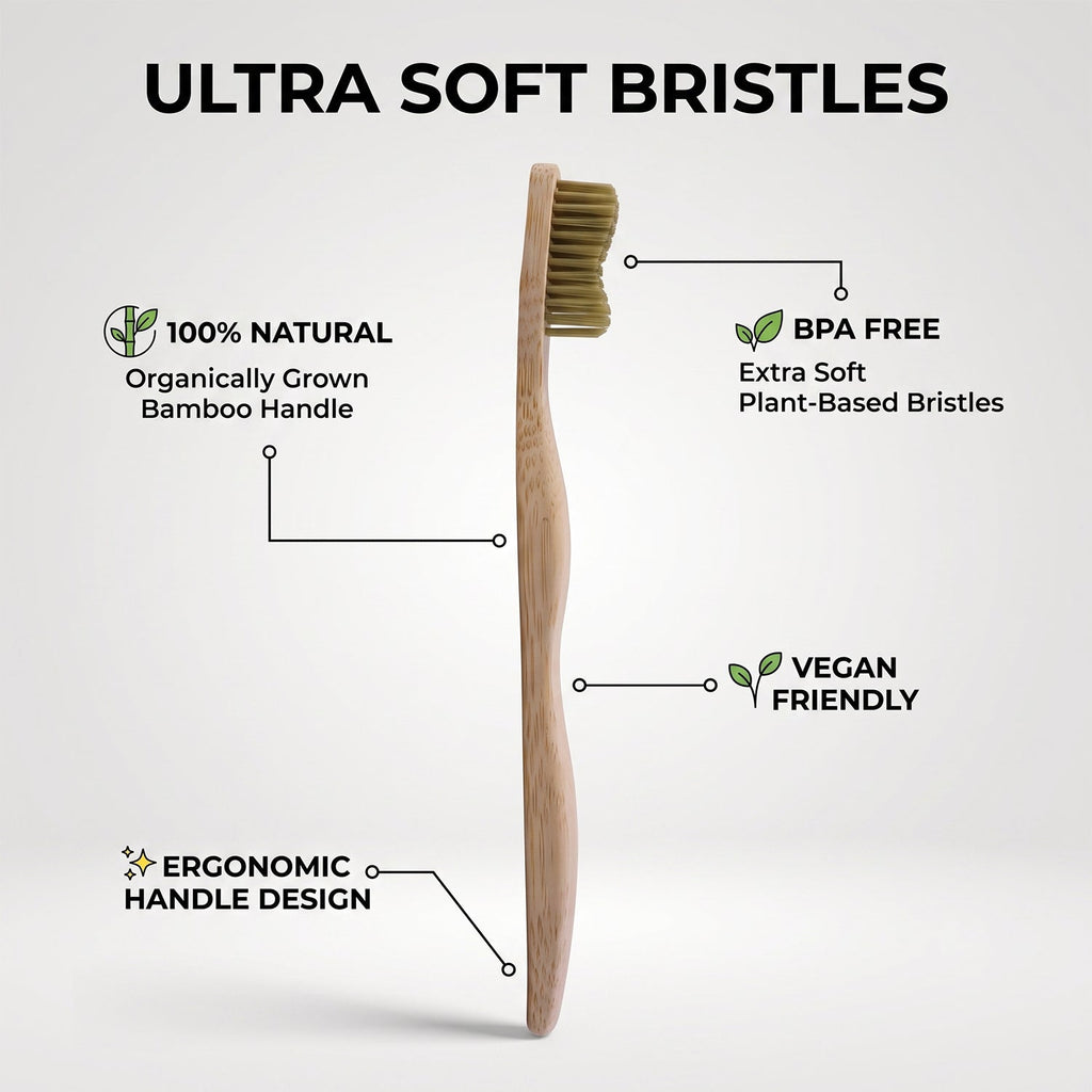 Ultra soft bristle bamboo toothbrush with green bristles and ergonomic handle shape.