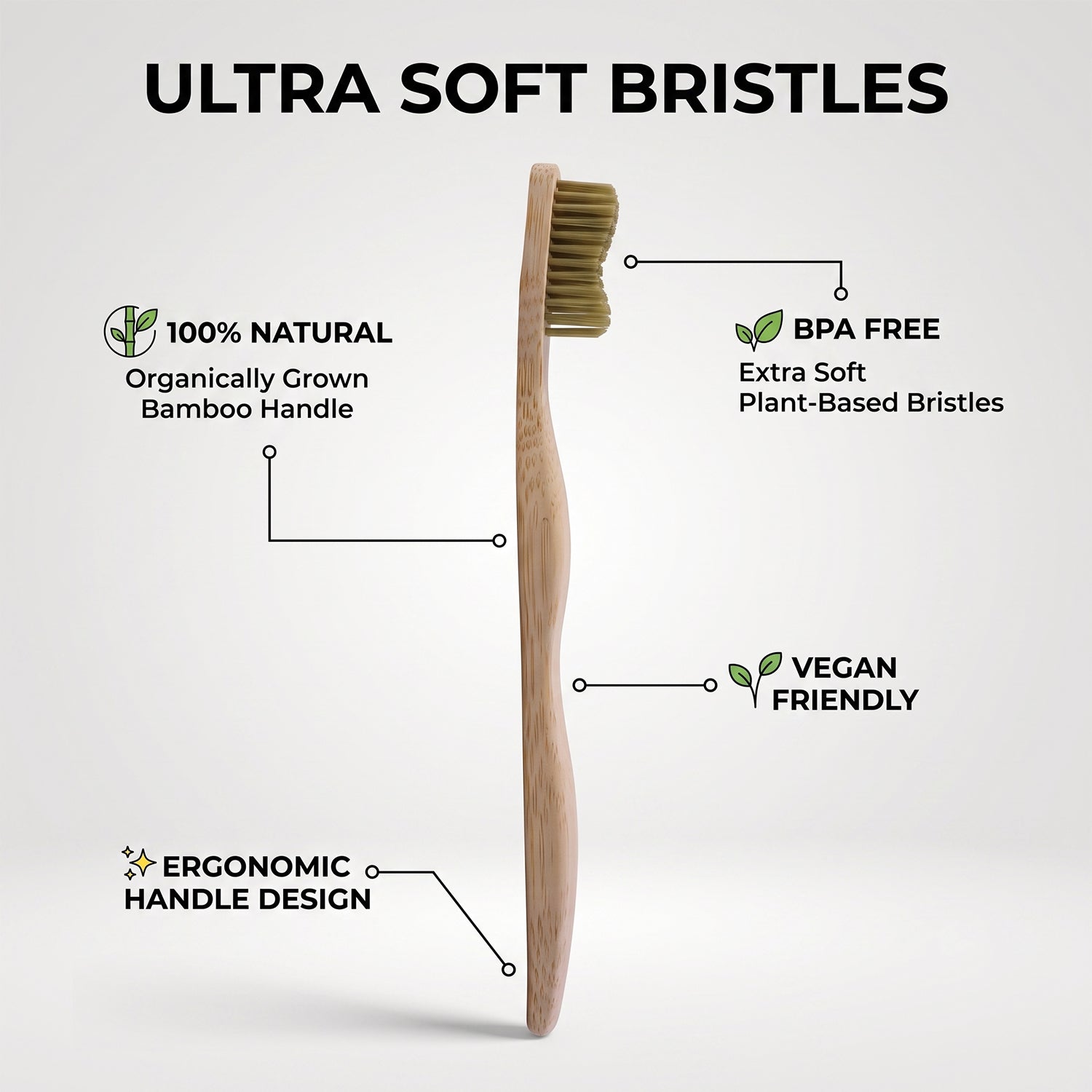 Ultra soft bristle bamboo toothbrush with green bristles and ergonomic handle shape.