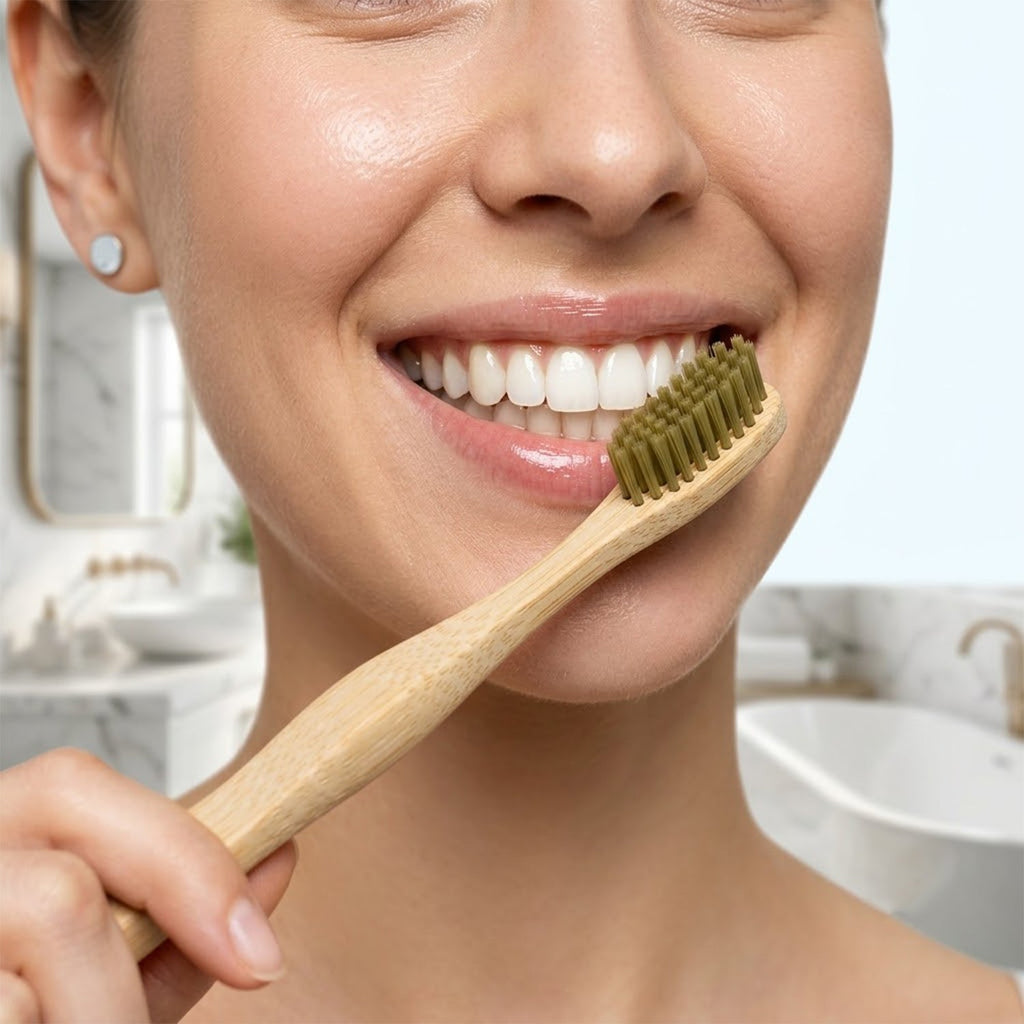 Soft bristle bamboo toothbrush held near teeth, green bristles on wood handle.