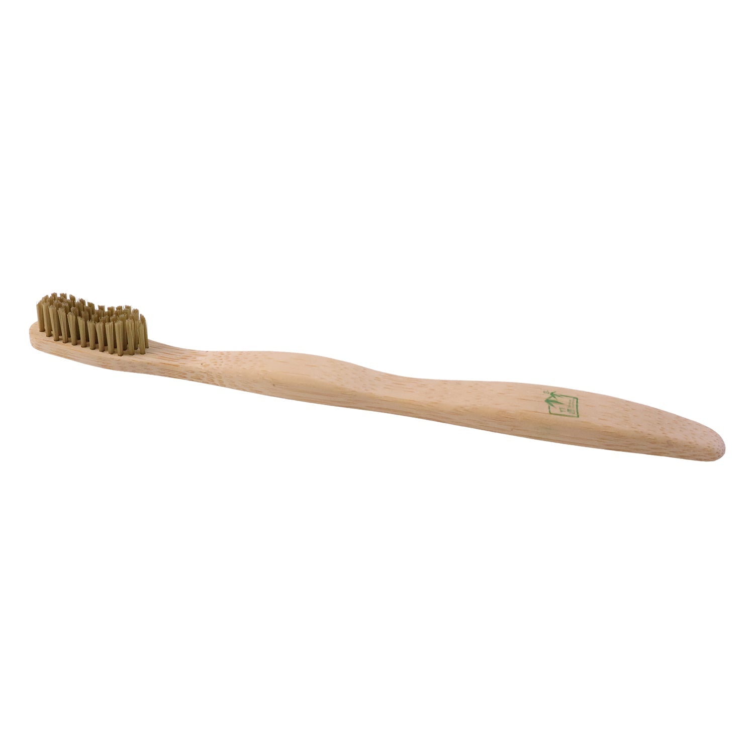 Single bamboo toothbrush with soft green bristles on a natural light wood handle.