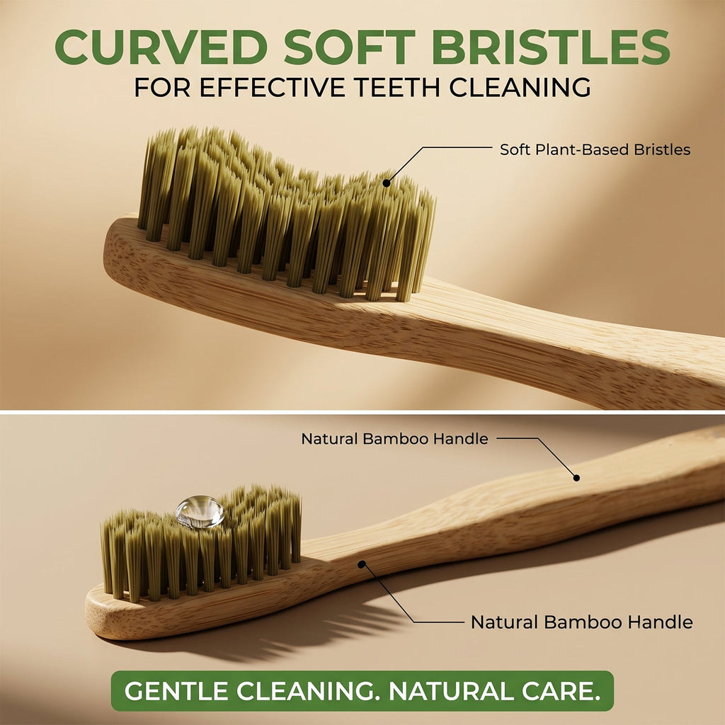 Curved bamboo toothbrush head with soft green bristles on natural wood handle.