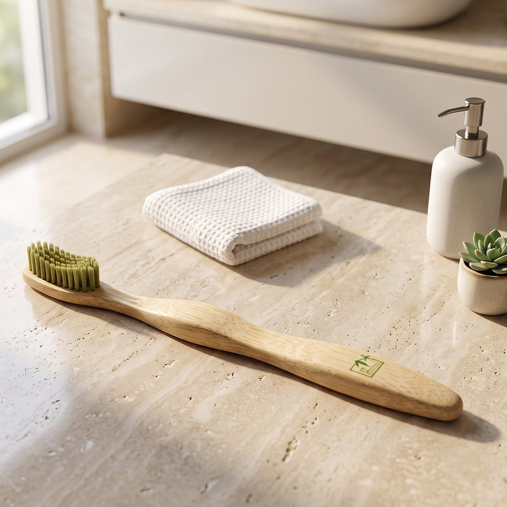 Bamboo toothbrush with soft green bristles lying on countertop with cleaning cloth.