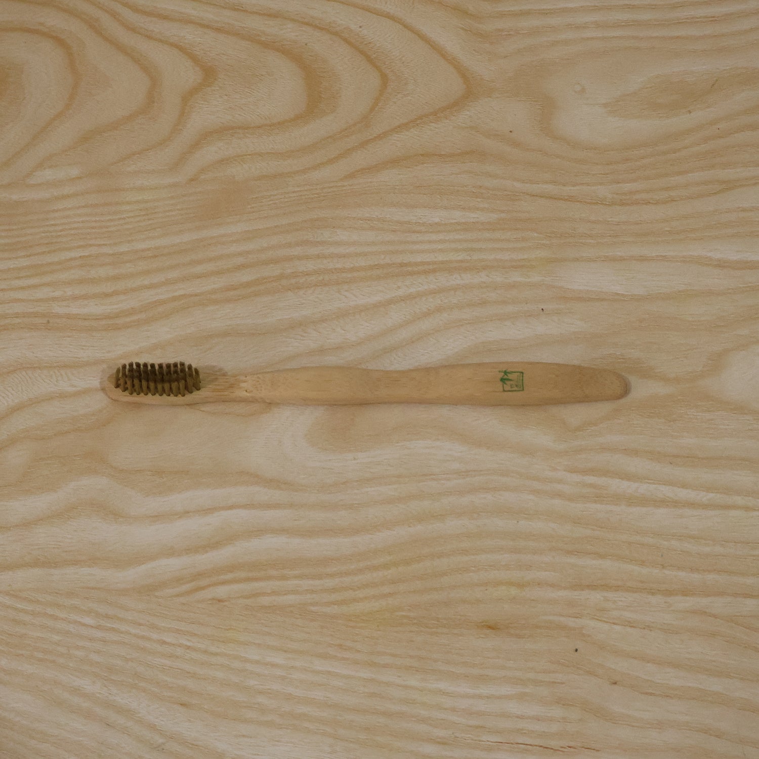 Close view of bamboo toothbrush: small bristle head with soft green bristles on wood.