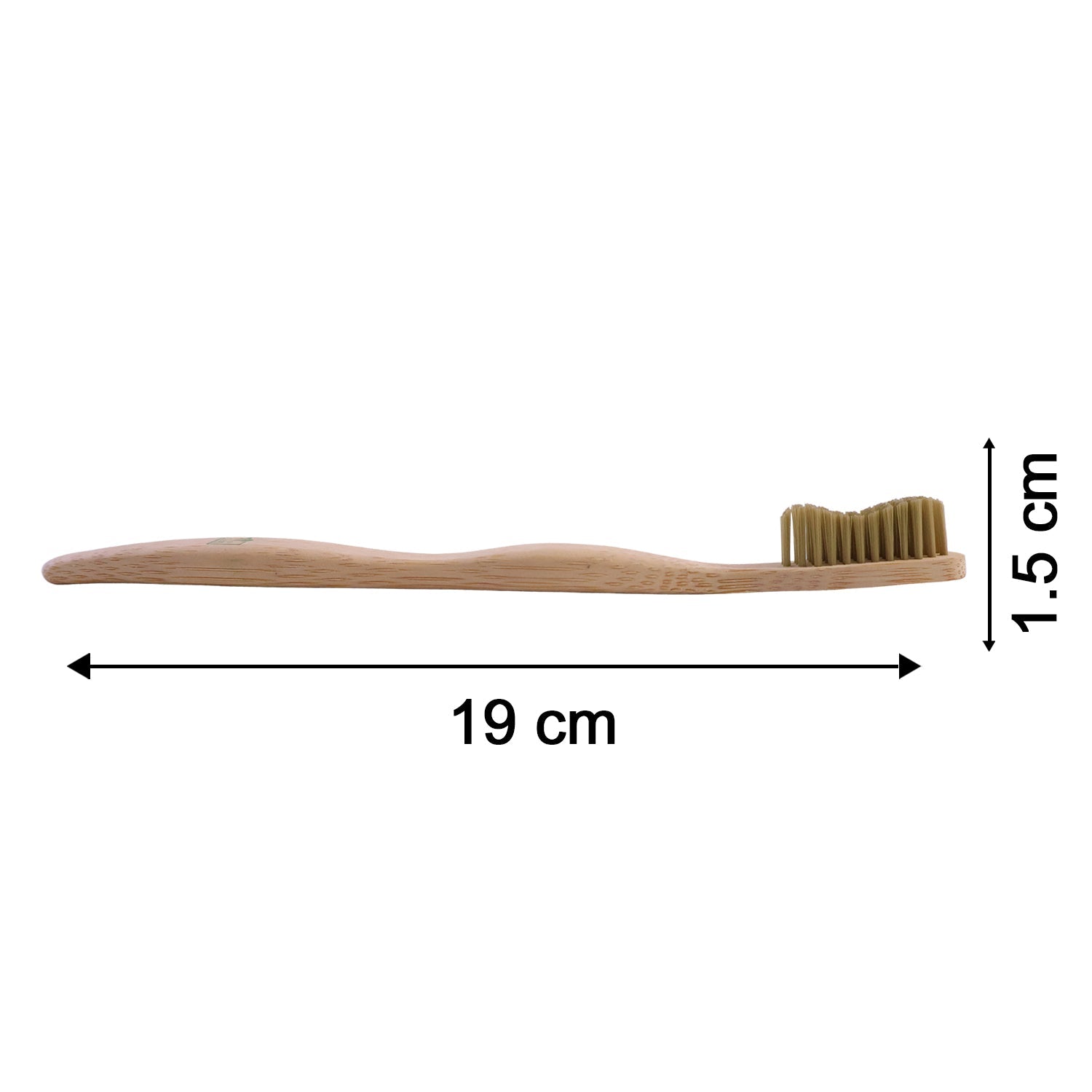 Bamboo toothbrush dimensions shown: light wood handle with soft green bristles.