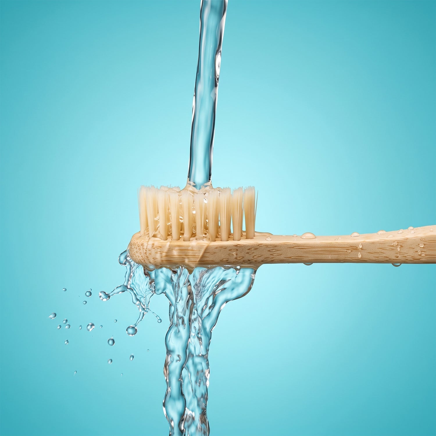 Toothbrush head with soft bristles under flowing water