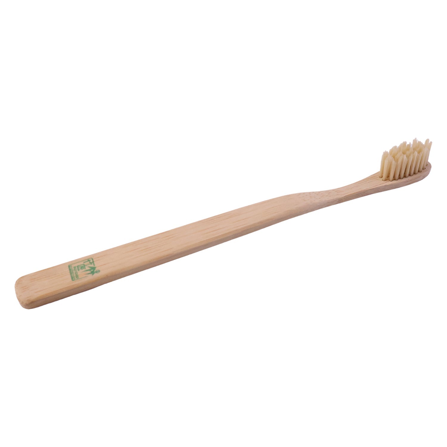 Single bamboo toothbrush with soft bristles on light wooden handle