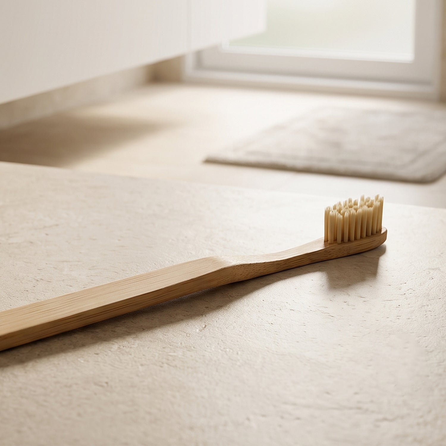 Bamboo toothbrush resting on a countertop with bristles facing up
