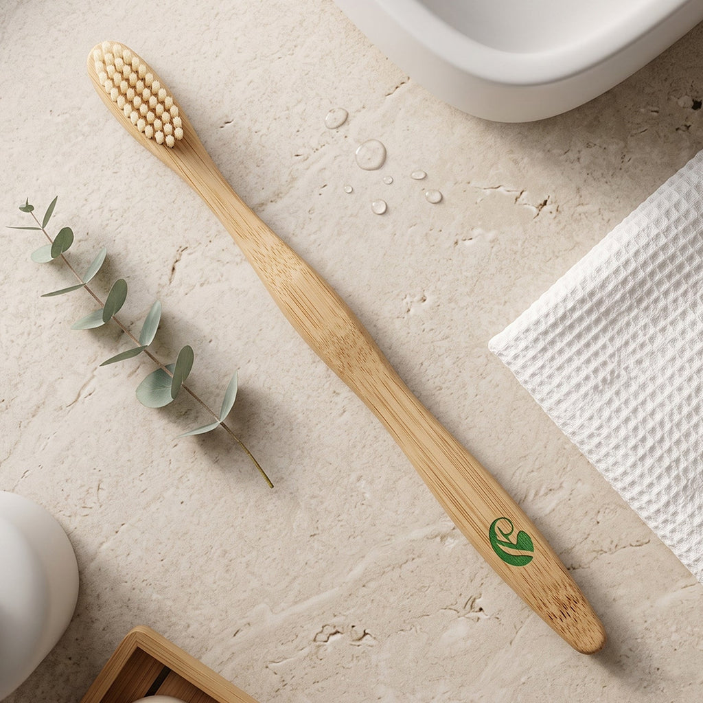 Bamboo toothbrush with natural bristles and green leaf logo on handle