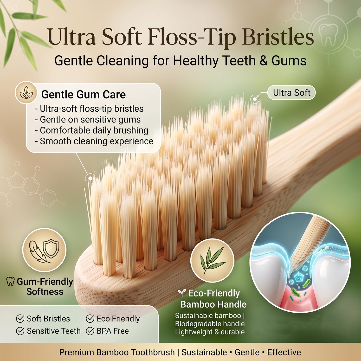 Close-up of toothbrush bristles on bamboo handle with water-drop style graphic
