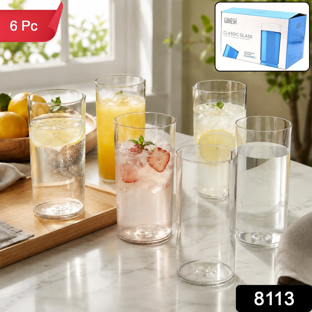 Set of 6 unbreakable clear plastic tumblers, 350 ml, filled with drinks and fruit slices