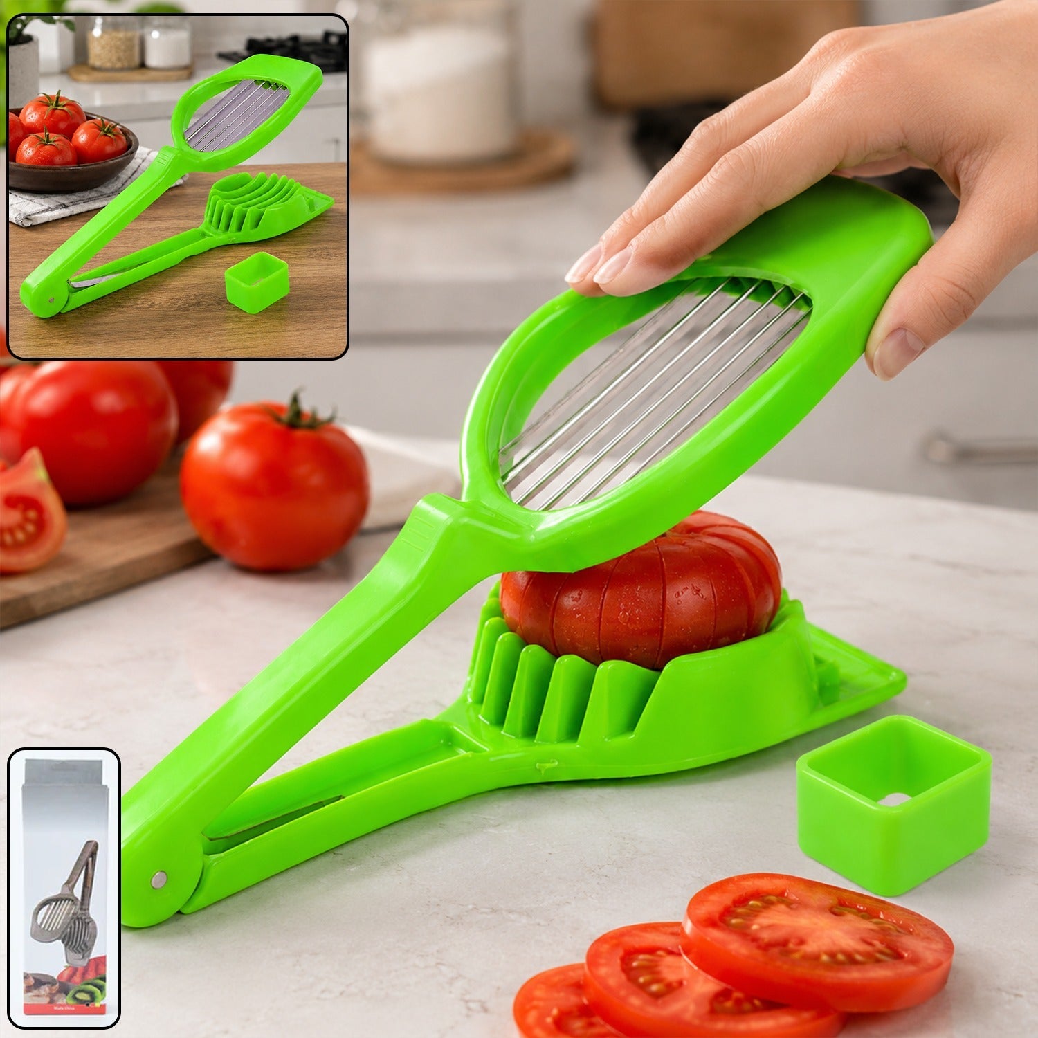 Green fruit slicer with steel blade, hand holding over sliced tomatoes on counter