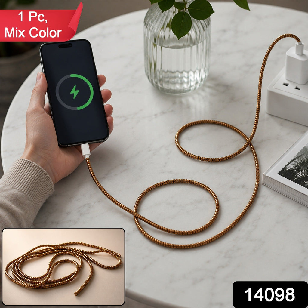 Spiral cable protector sleeve with braided gold-brown spiral wrap and outlet plug end
