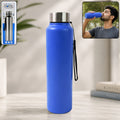 Blue stainless steel water bottle with silver cap and black wrist strap