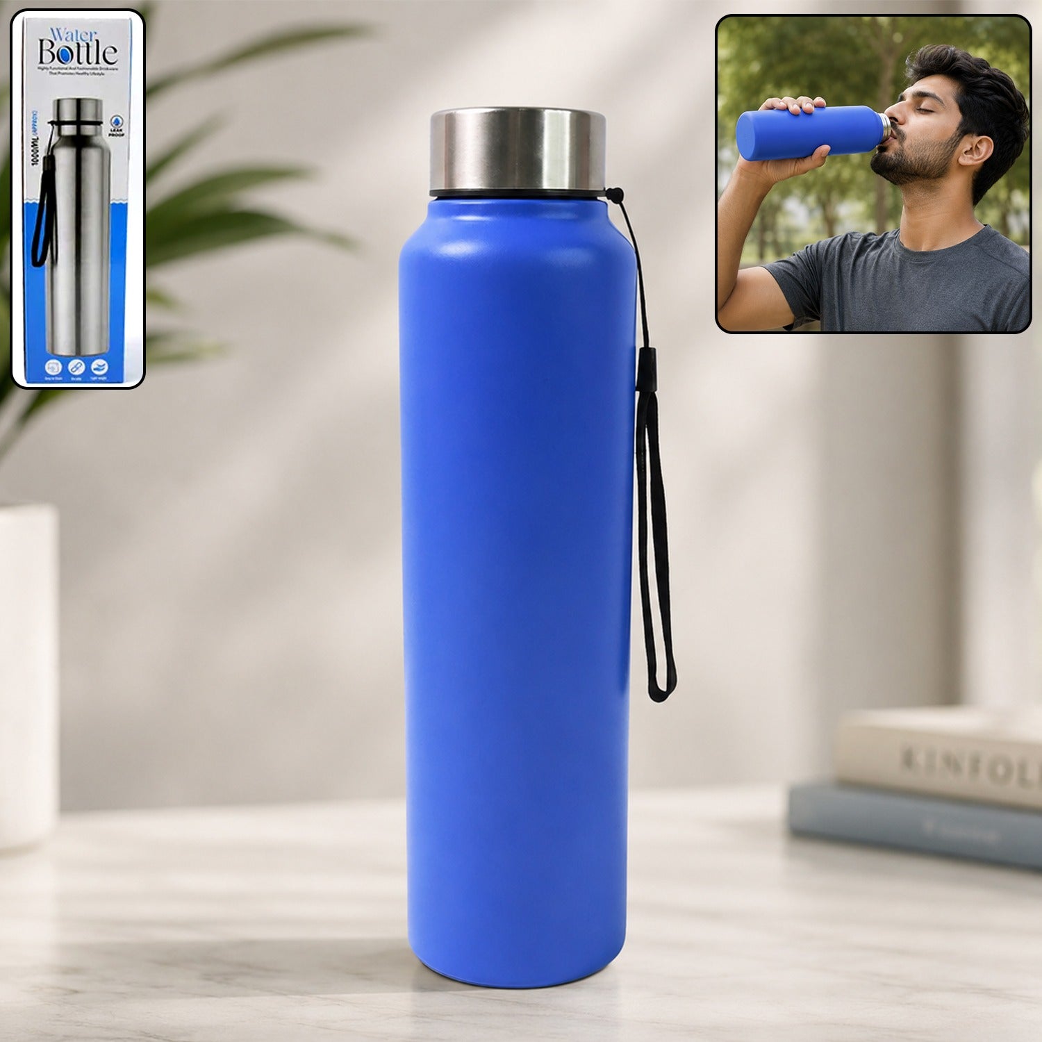 Blue stainless steel water bottle with silver cap and black wrist strap