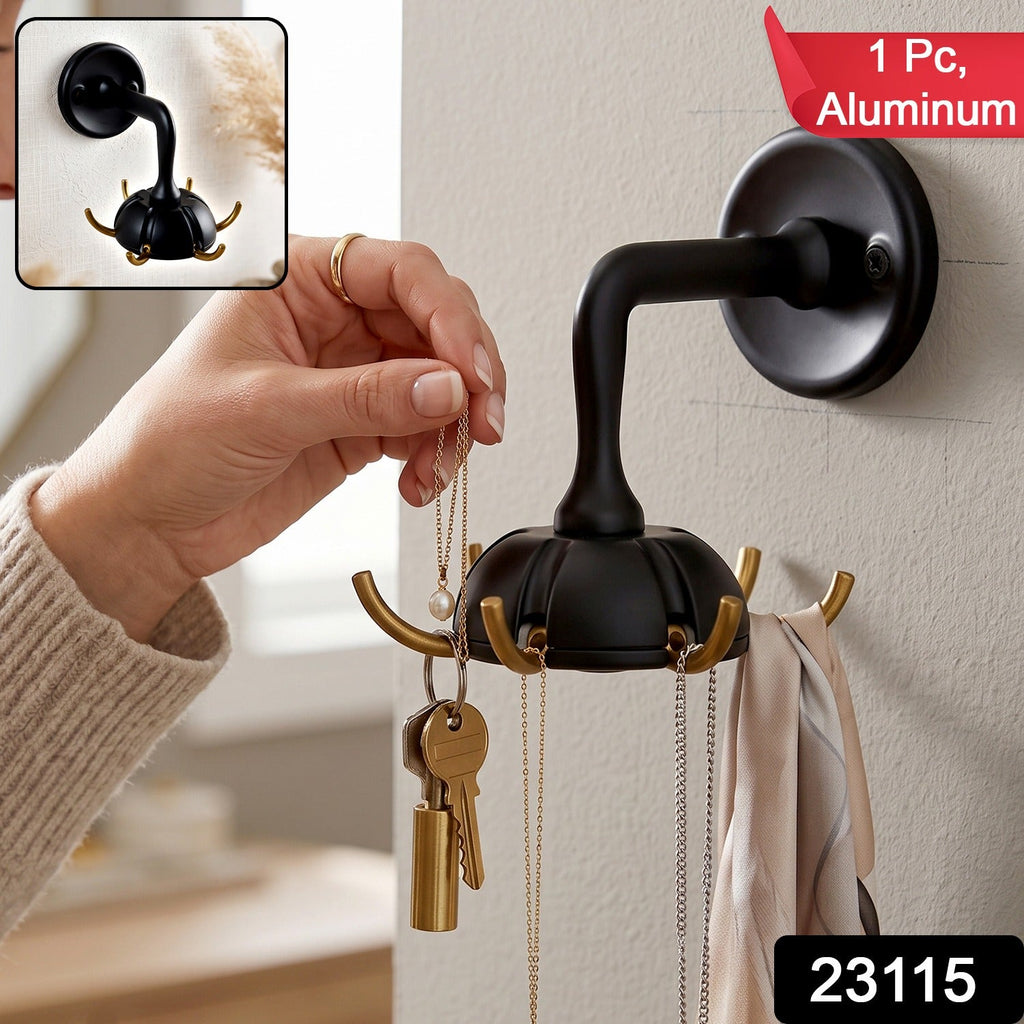 Black aluminum wall hook with three arms for keys and bags, gold accent bands