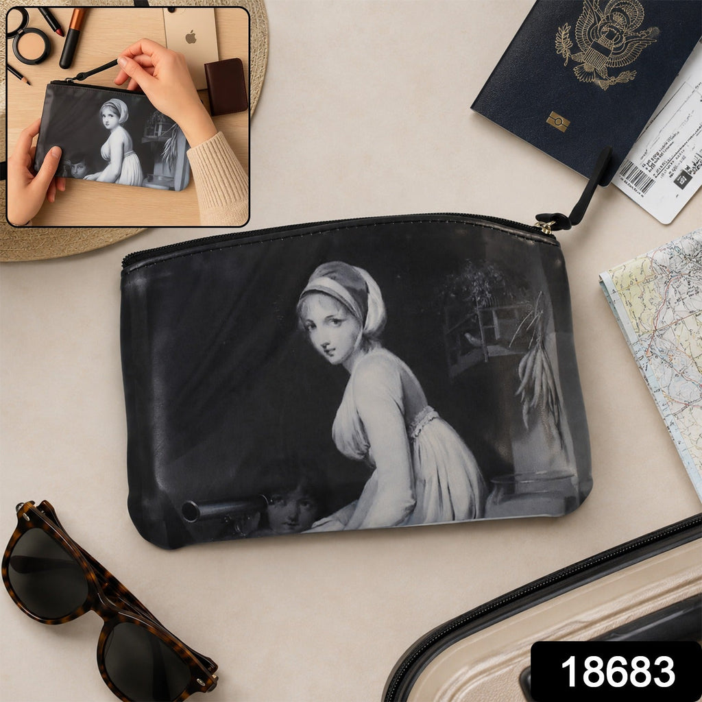 Black zippered travel pouch with monochrome woman print, small hanging loop