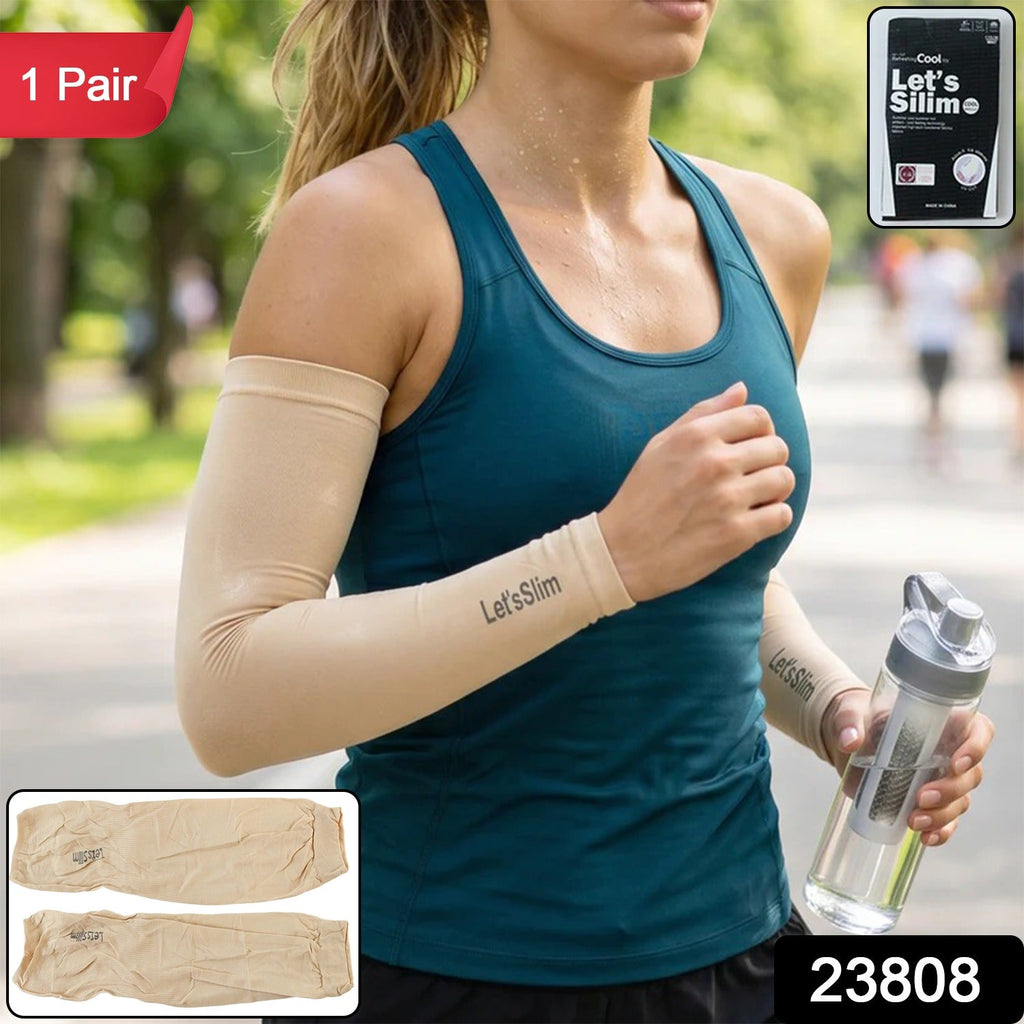 Beige arm sleeves, two-pack shown inset; snug forearm fit with LetsSlim logo