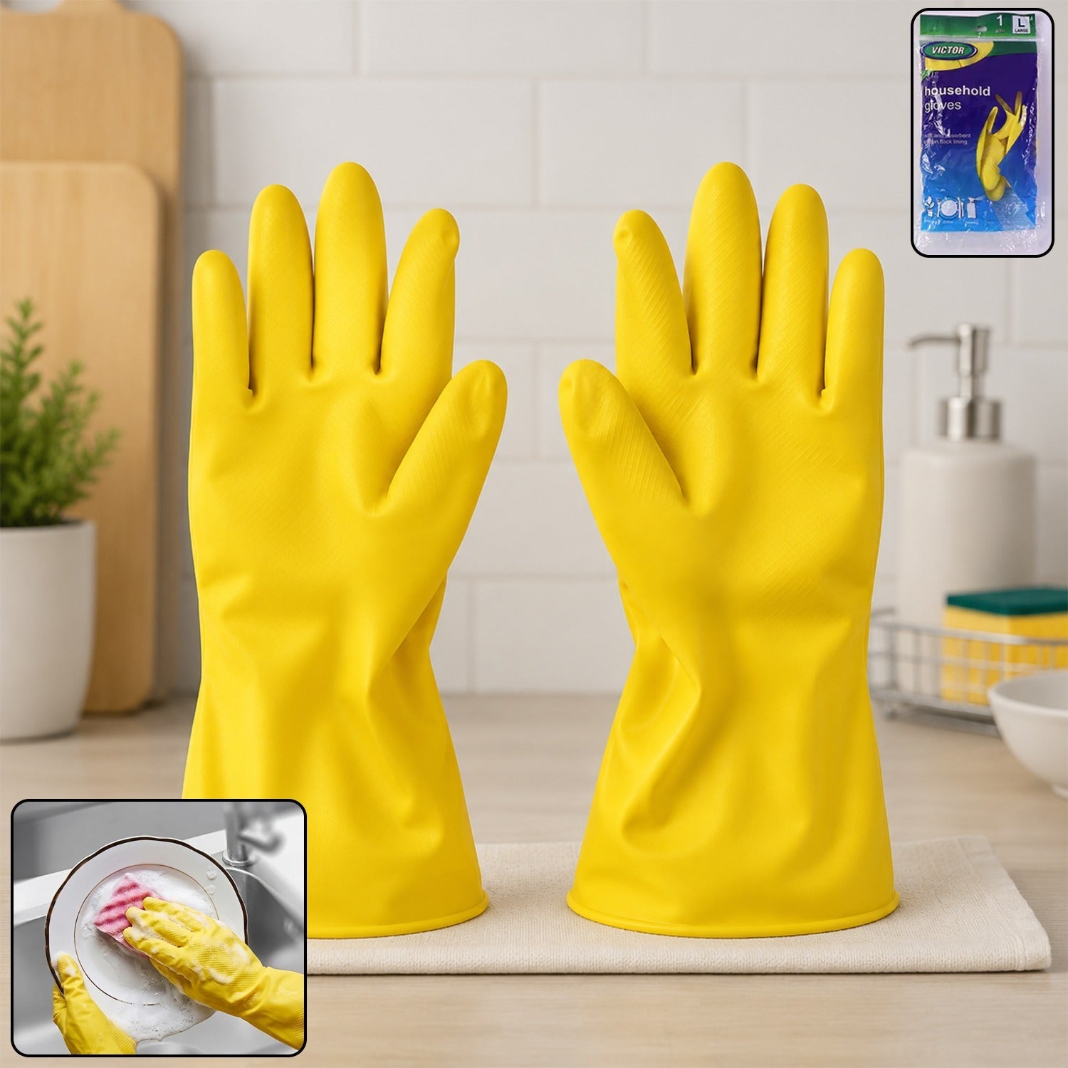 Yellow rubber household gloves with long cuffs and textured palms for wet tasks