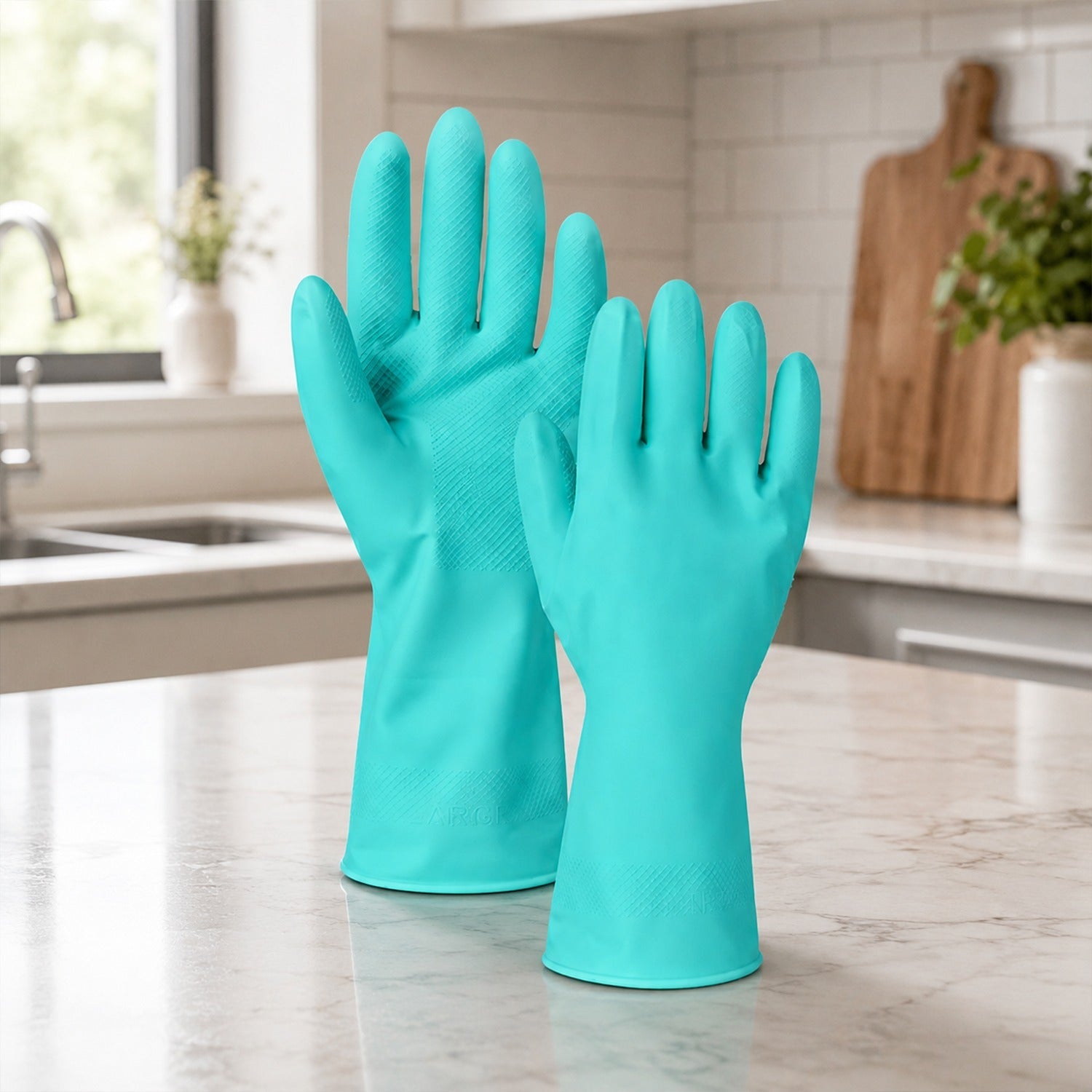 Large turquoise rubber kitchen gloves worn on both hands, palm-forward view