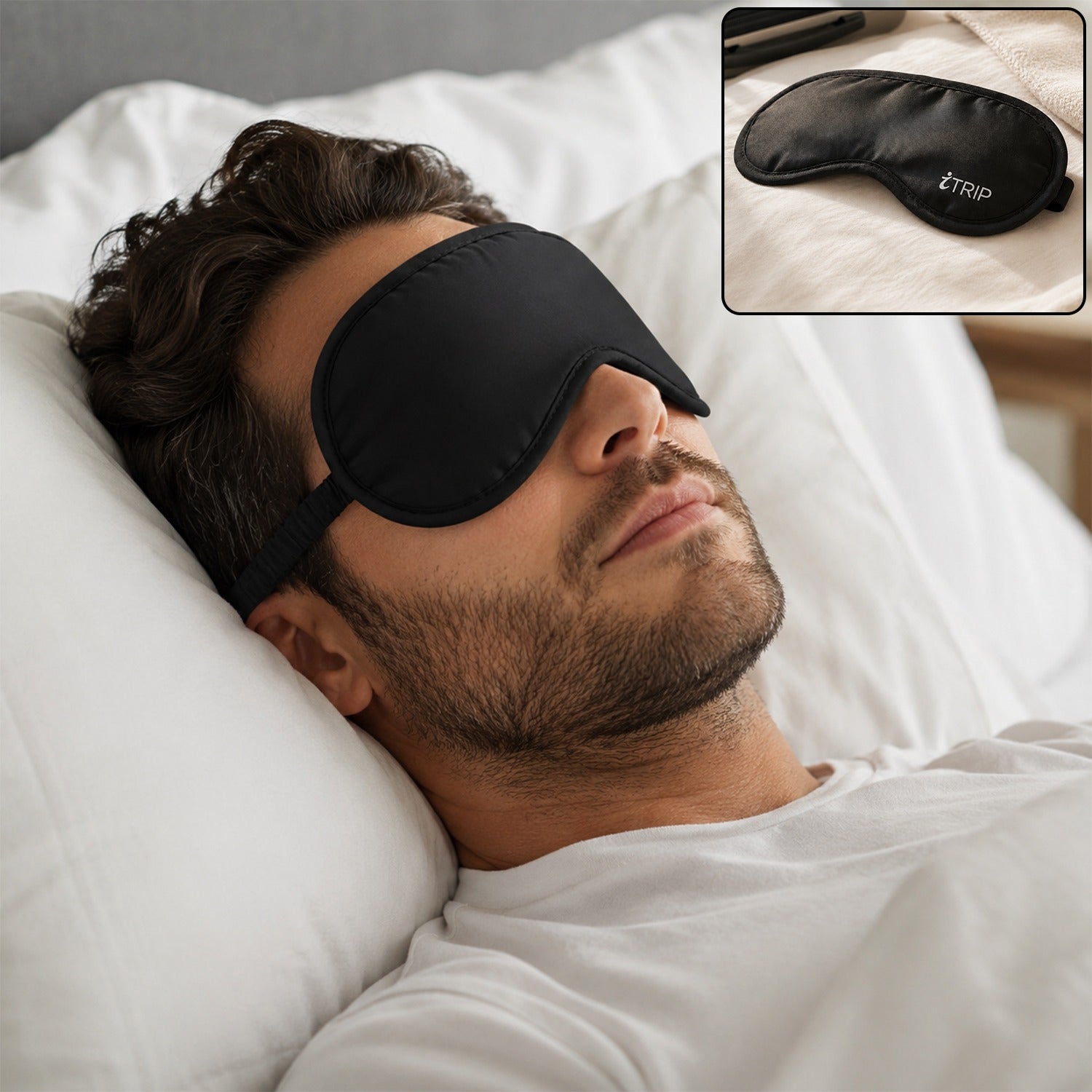 Men's light-blocking sleep eye mask, black, soft adjustable strap