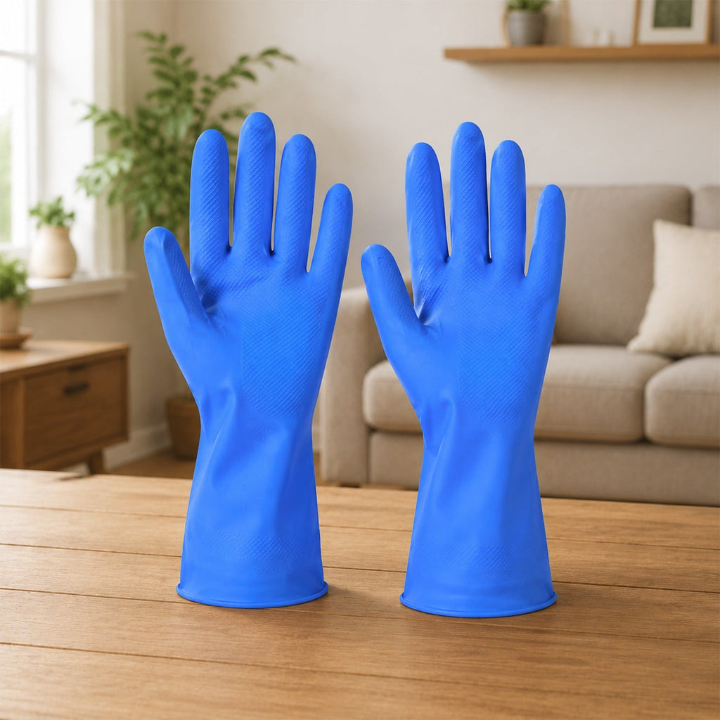 Pair of blue rubber cleaning gloves with textured grip fingertips