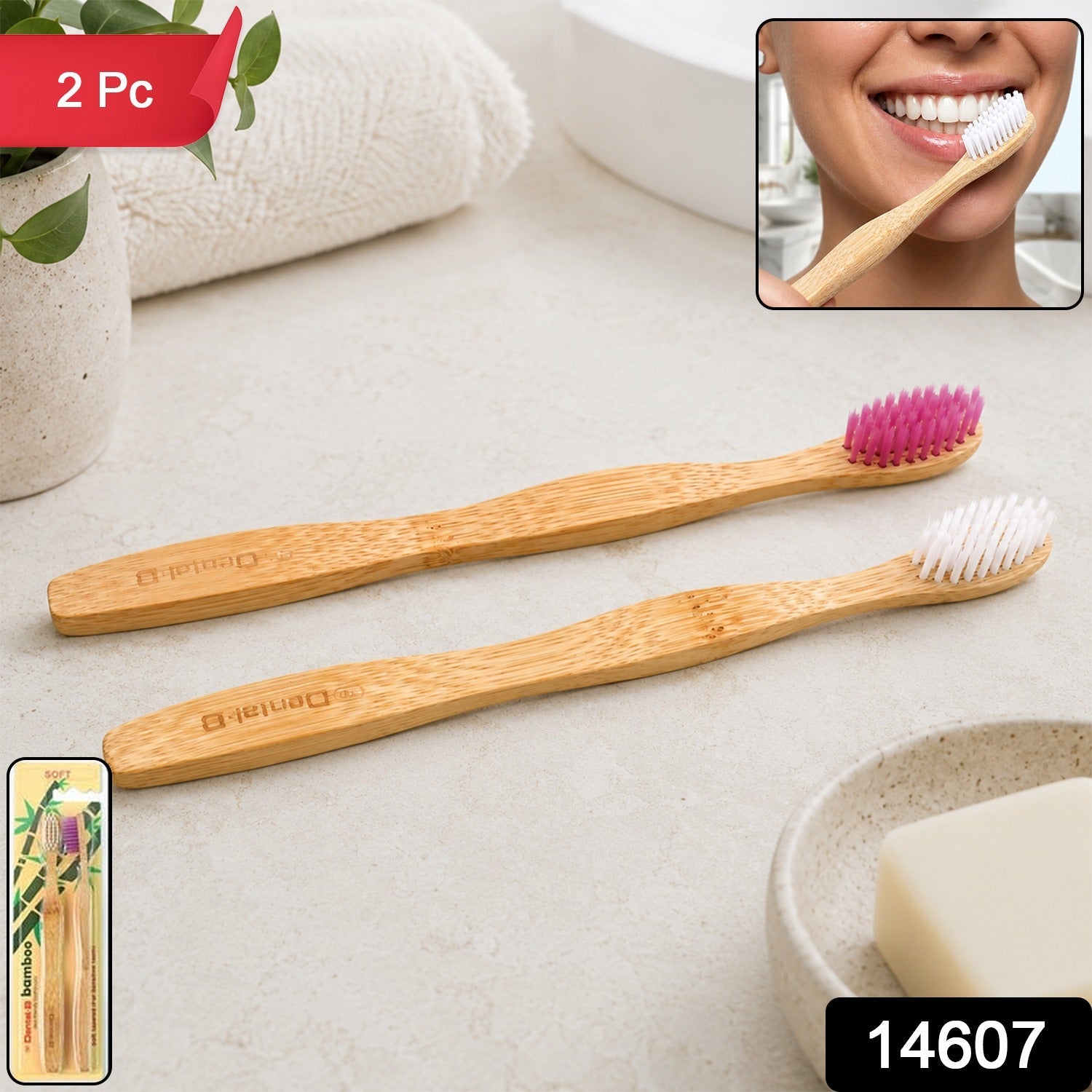 Bamboo toothbrush set with soft bristles, two wooden handles—white and purple tips