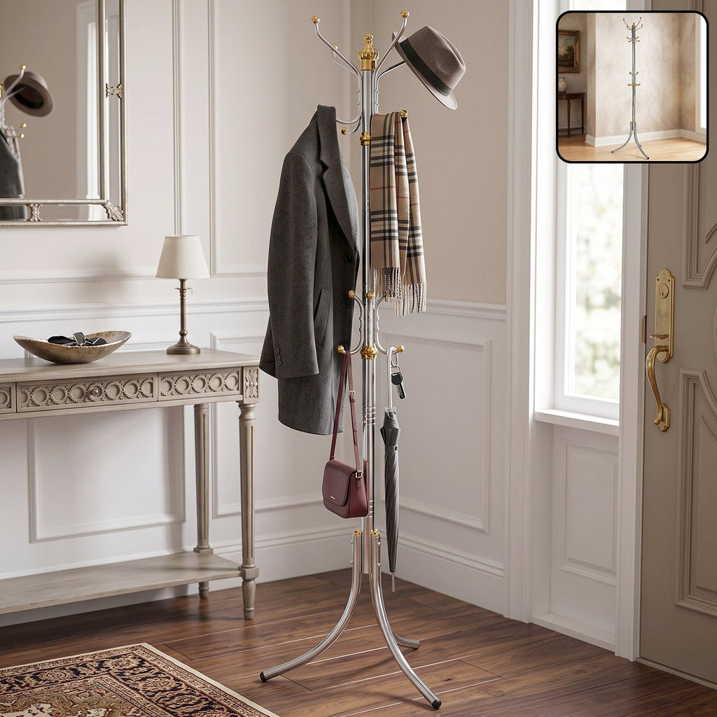 Multi-hook metal coat rack stand with gold finials, five swivel hooks, silver base