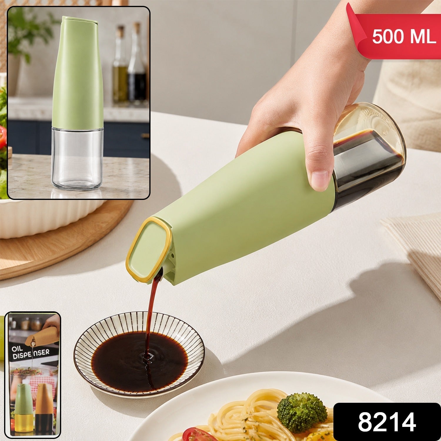 Light green squeeze sauce dispenser bottle pouring dark sauce into a dish